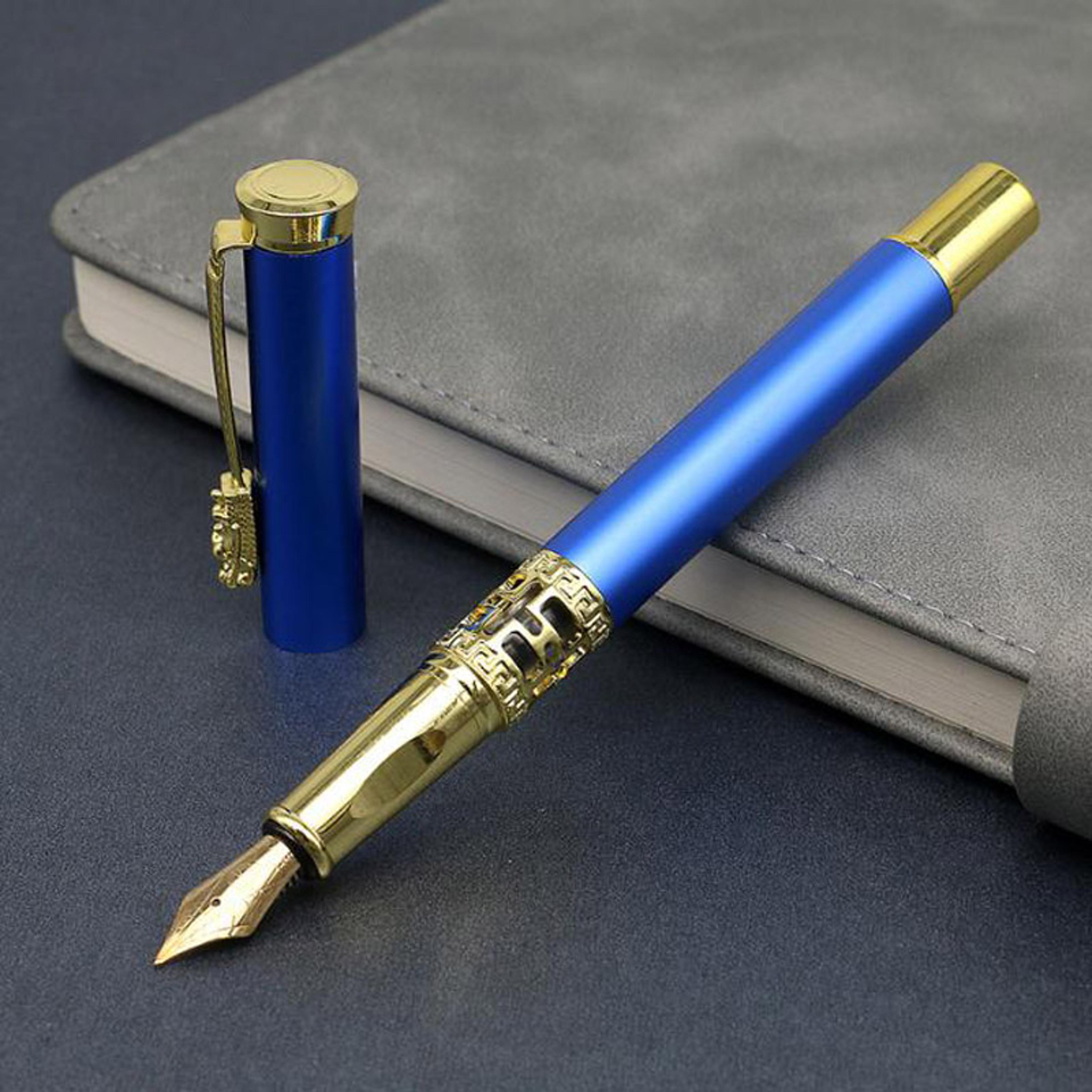 blue hollow sculpted fountain pen luxury metal calligraphy writing pen