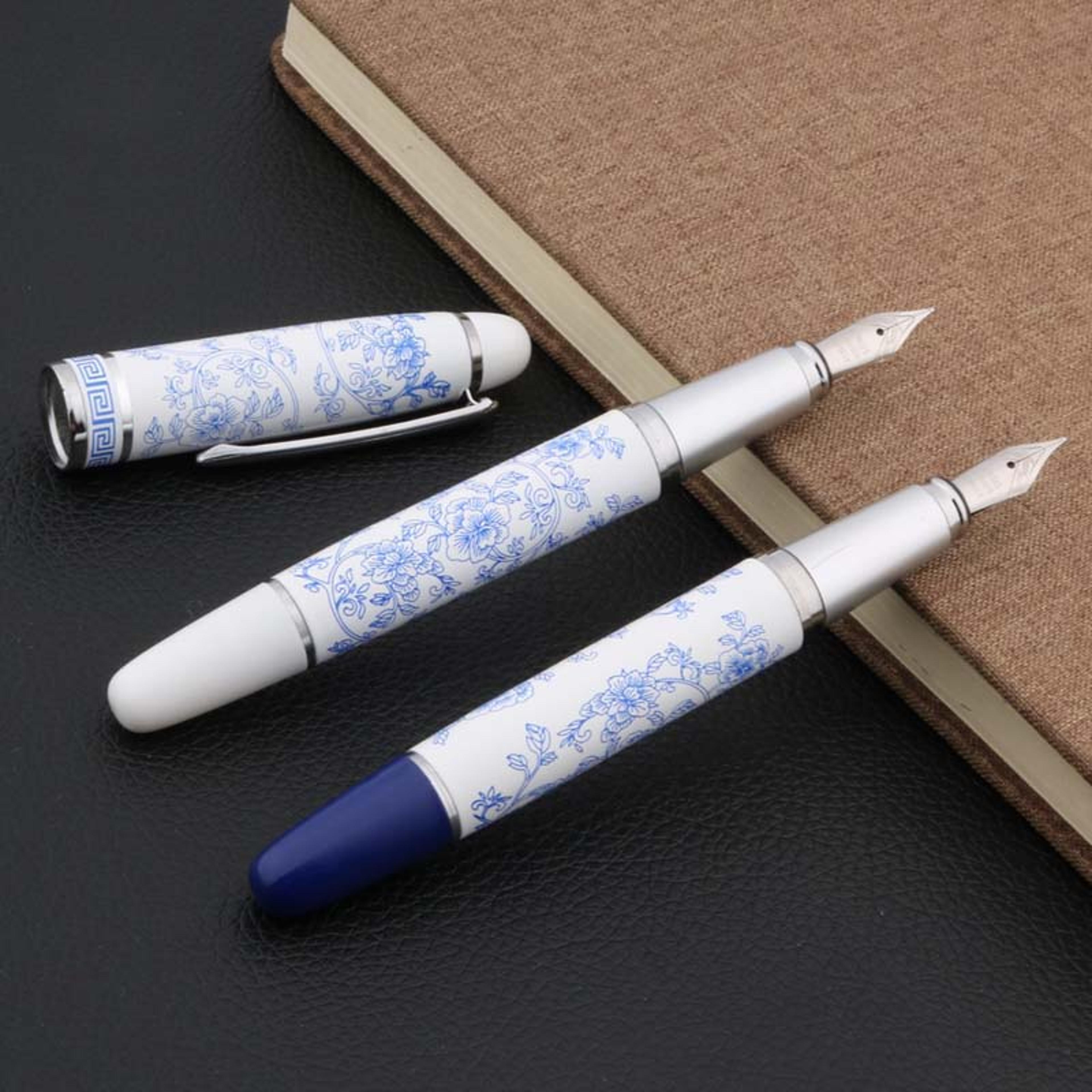 blue white porcelain fountain pen medium nib elegant writing pen