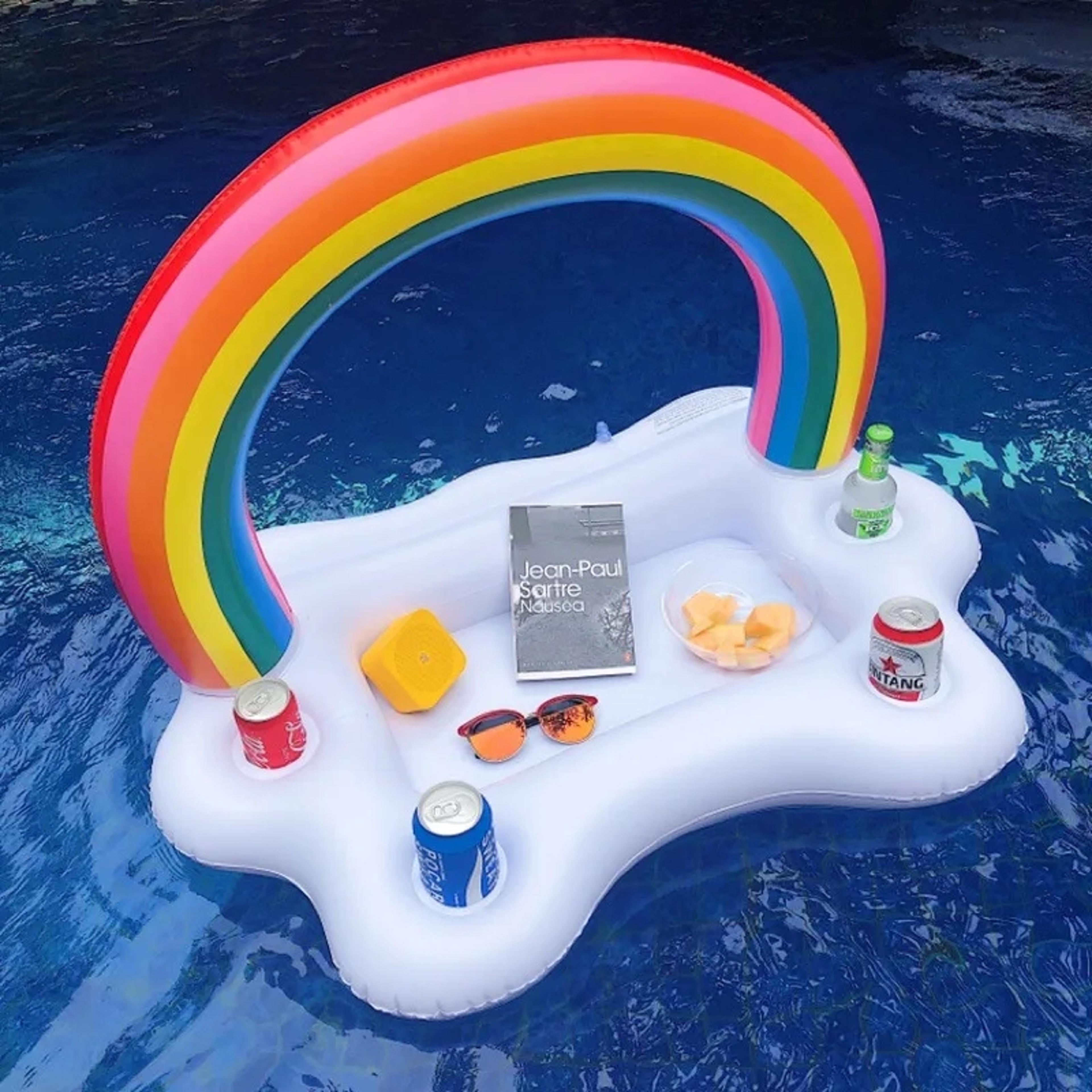 rainbow inflatable drink cooler float table for pool parties and beach fun