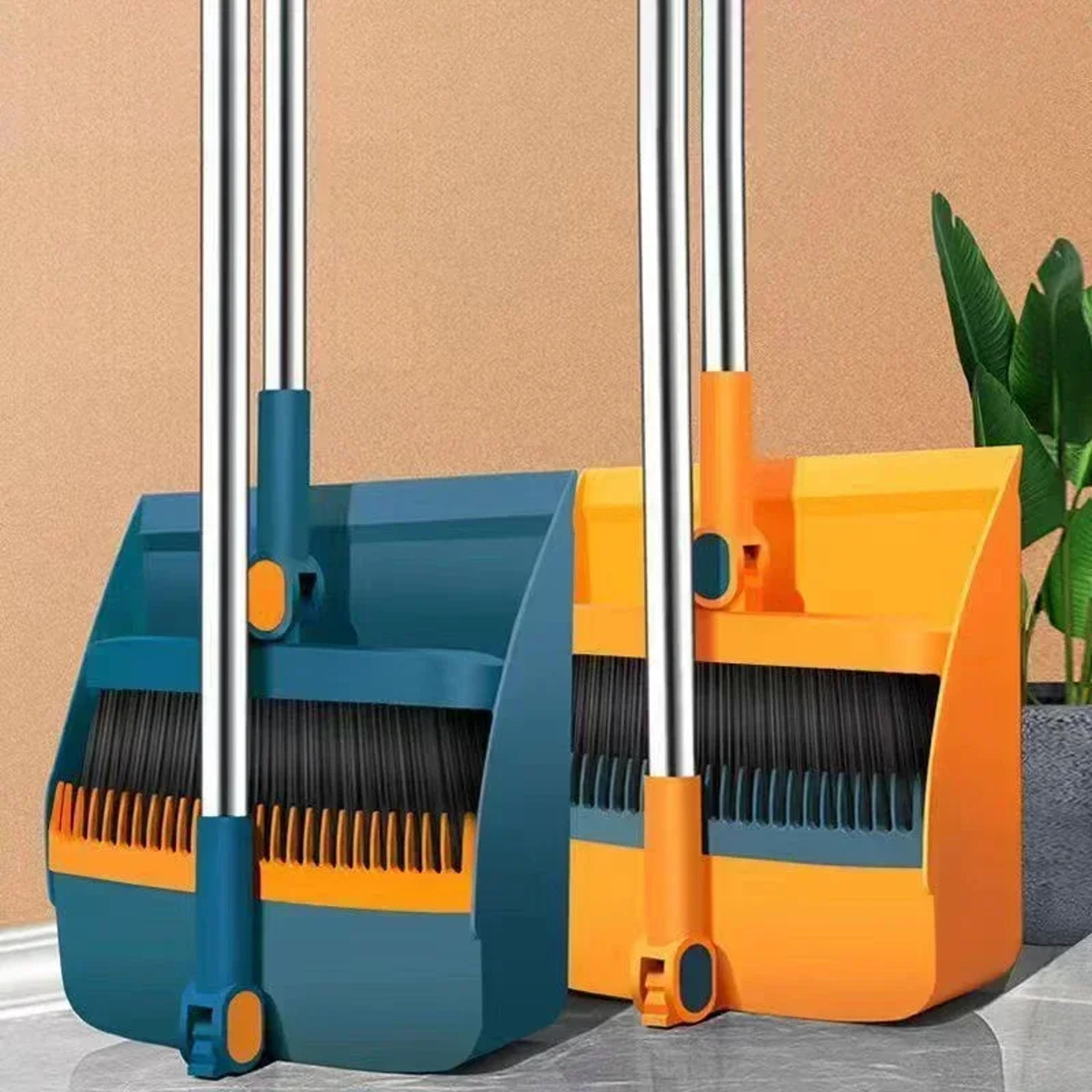 foldable broom and dustpan set with self cleaning teeth long handle floor cleaning kit