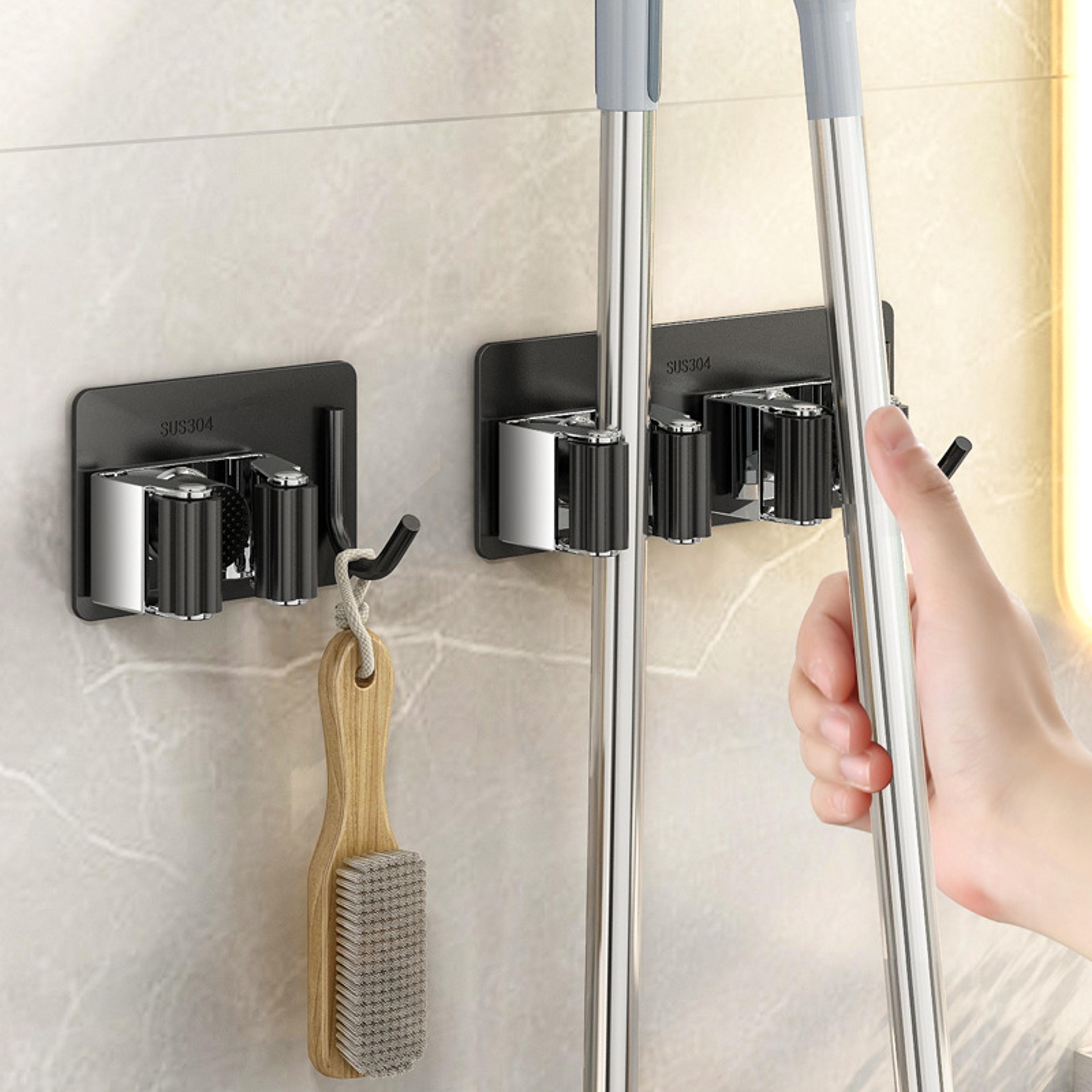 heavy duty broom holder wall mount self adhesive mop holder stainless steel organizer with hooks