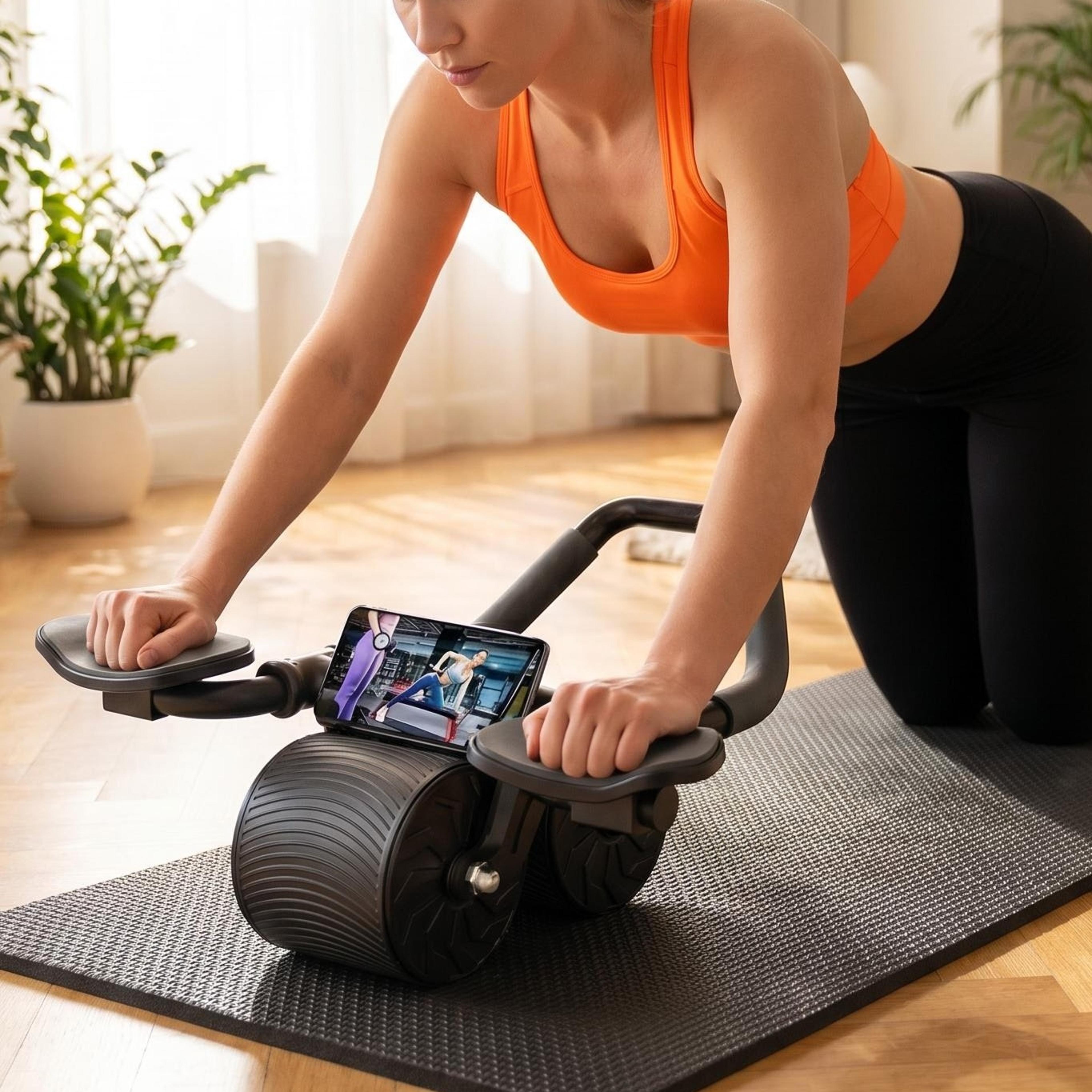automatic rebound ab roller wheel with knee pad, phone holder & timer for home core workouts