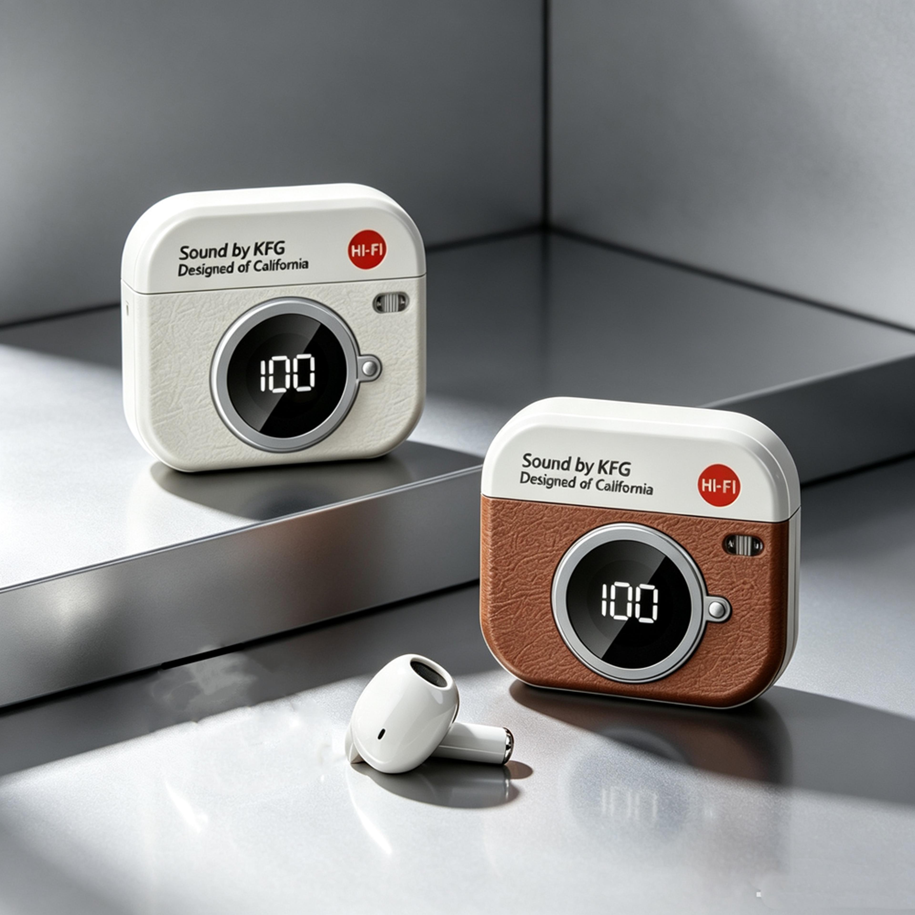 retro camera wireless earbuds with led power display bluetooth headphones & long battery life