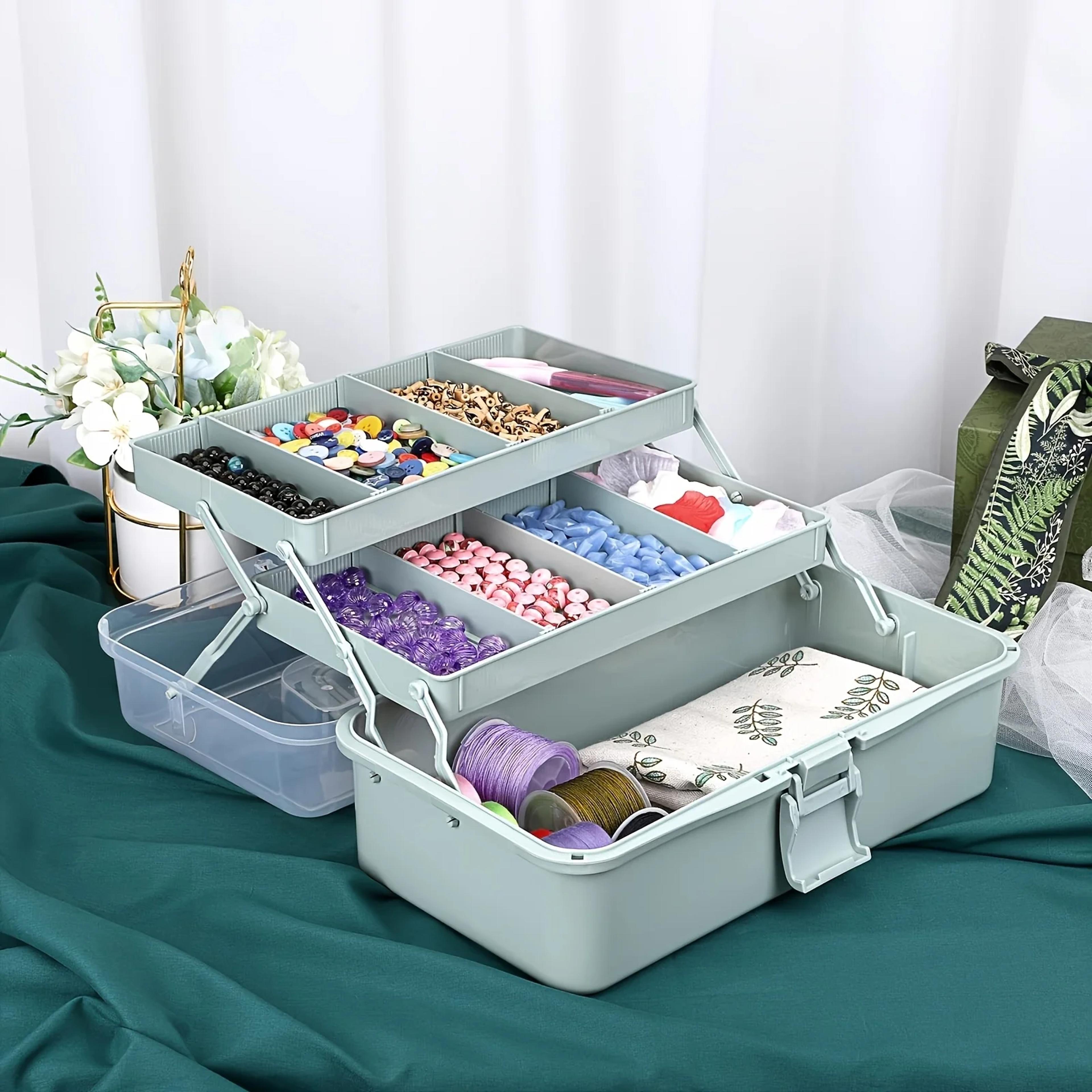 3 layer craft organizer box with adjustable dividers and portable handle