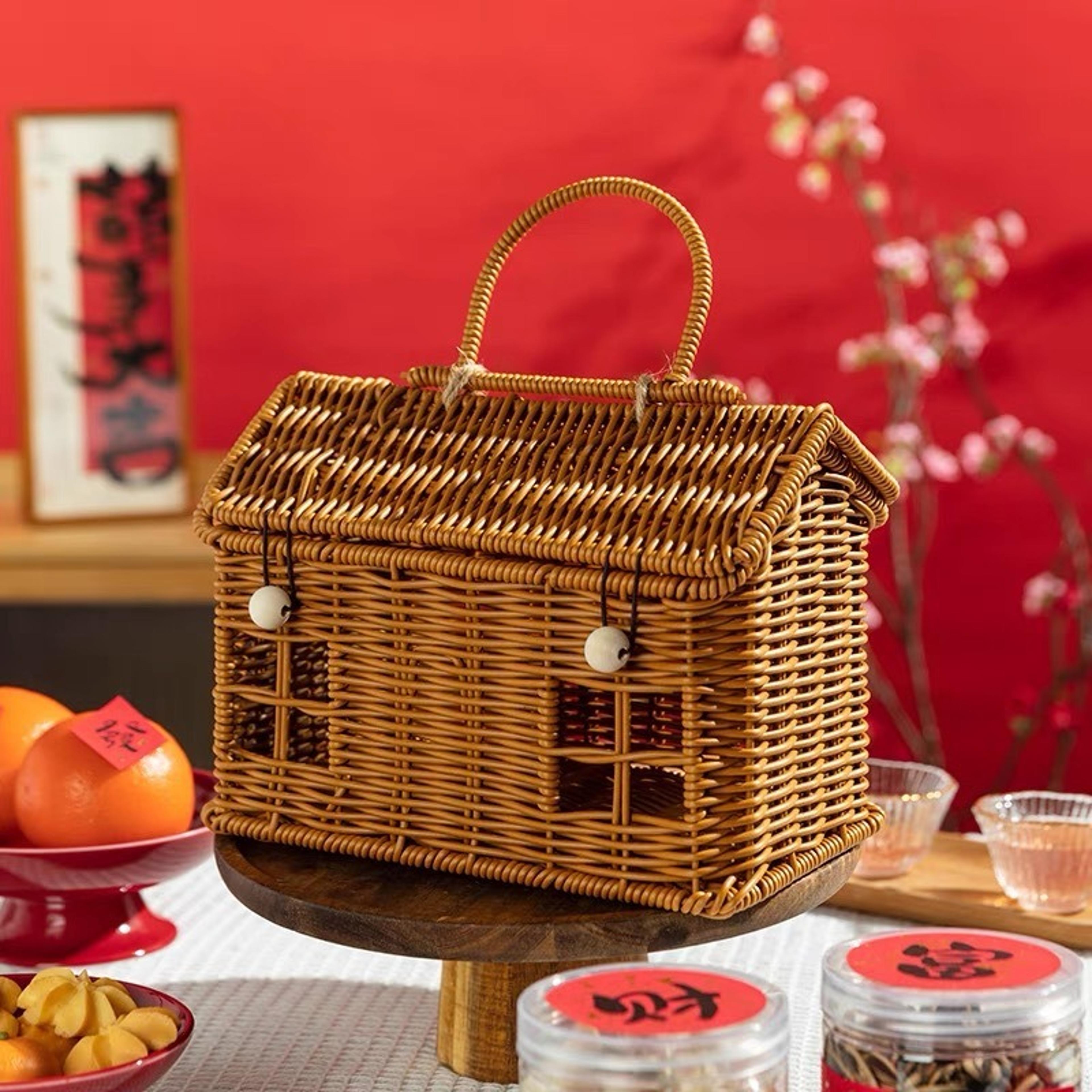house shaped wicker storage basket with lid and folding handle