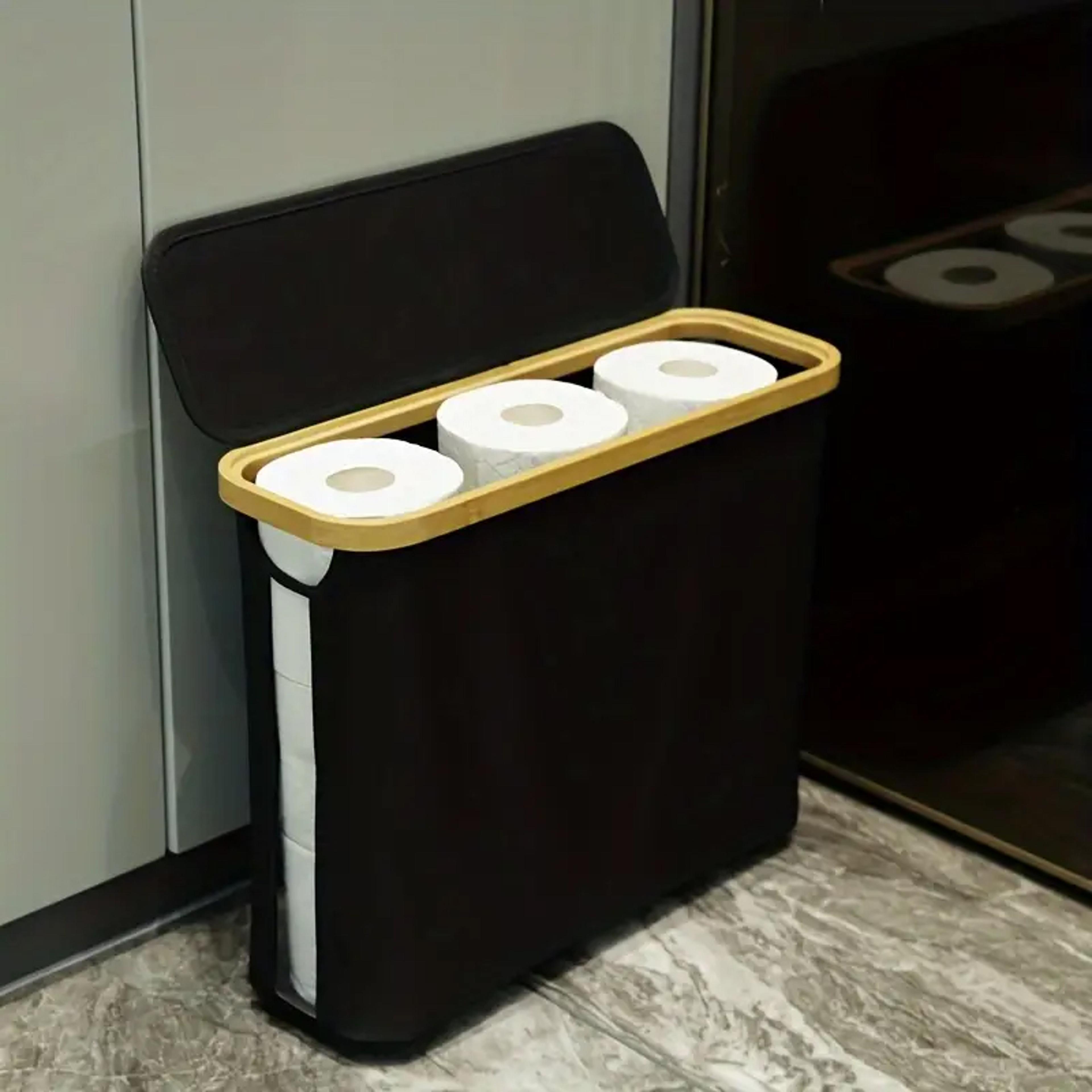 toilet paper storage basket with bamboo lid and foldable bathroom organizer