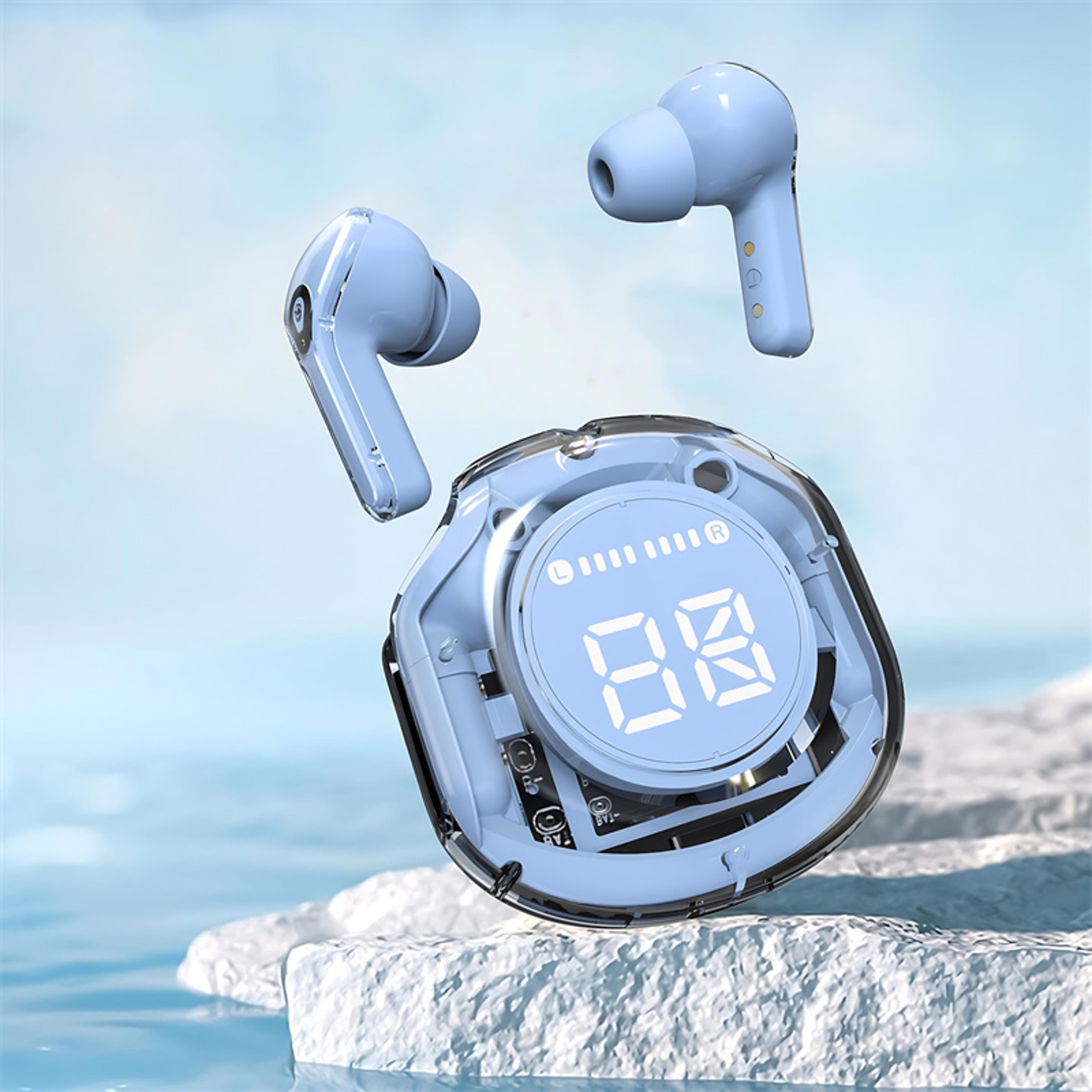 t8 pro wireless bluetooth earbuds with transparent charging case and led battery display