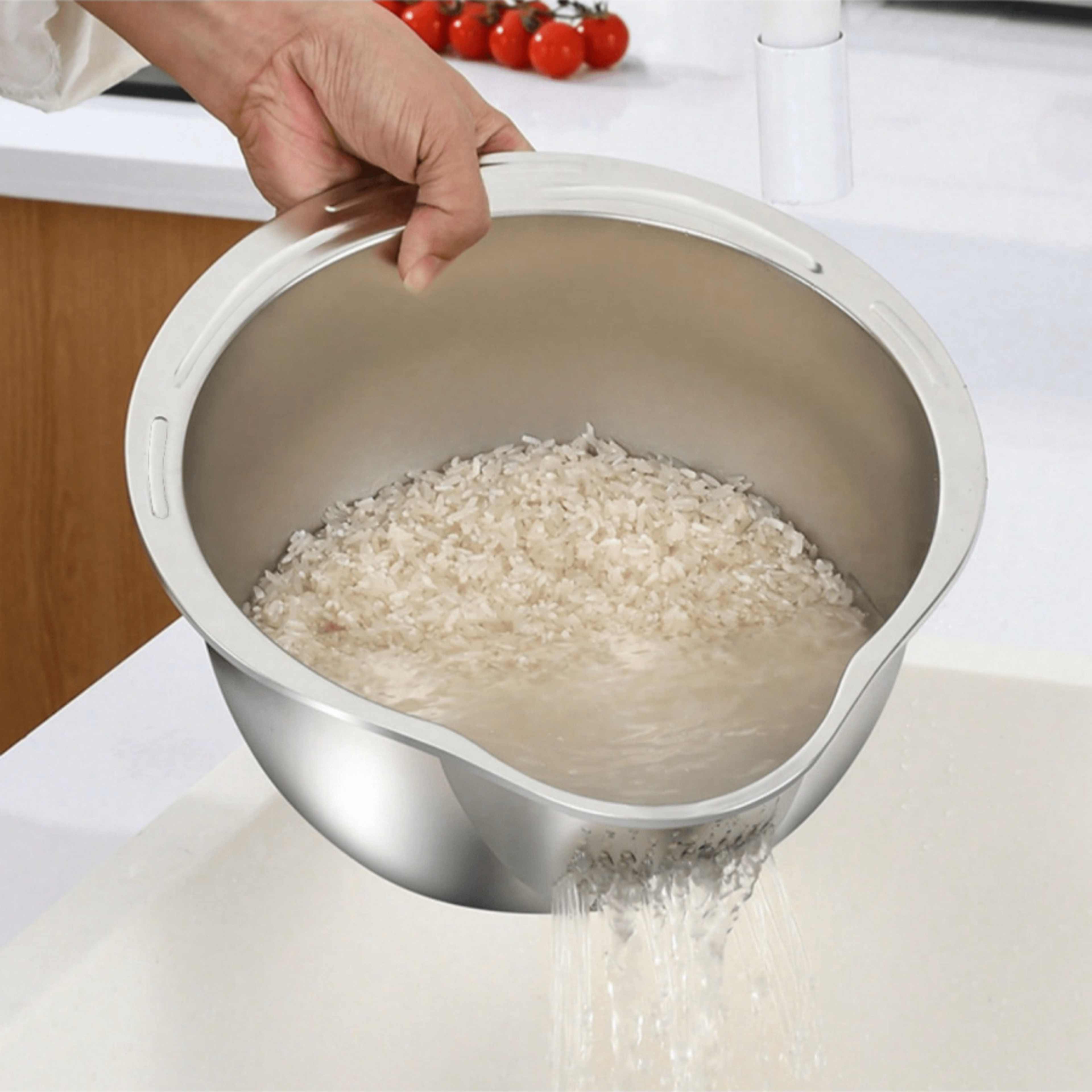 stainless steel rice washing bowl with built in strainer for fruits and vegetables