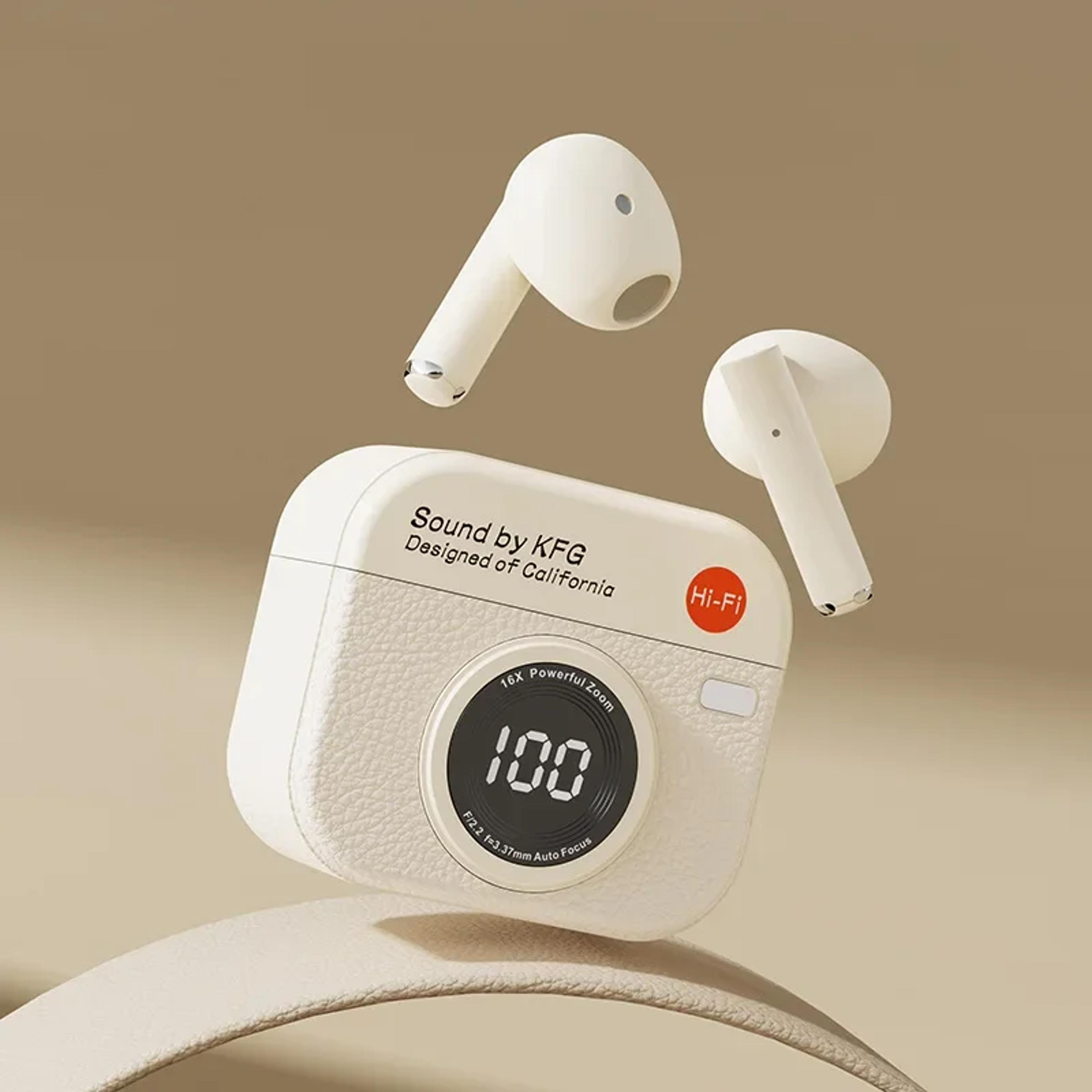 retro camera wireless earbuds with digital display