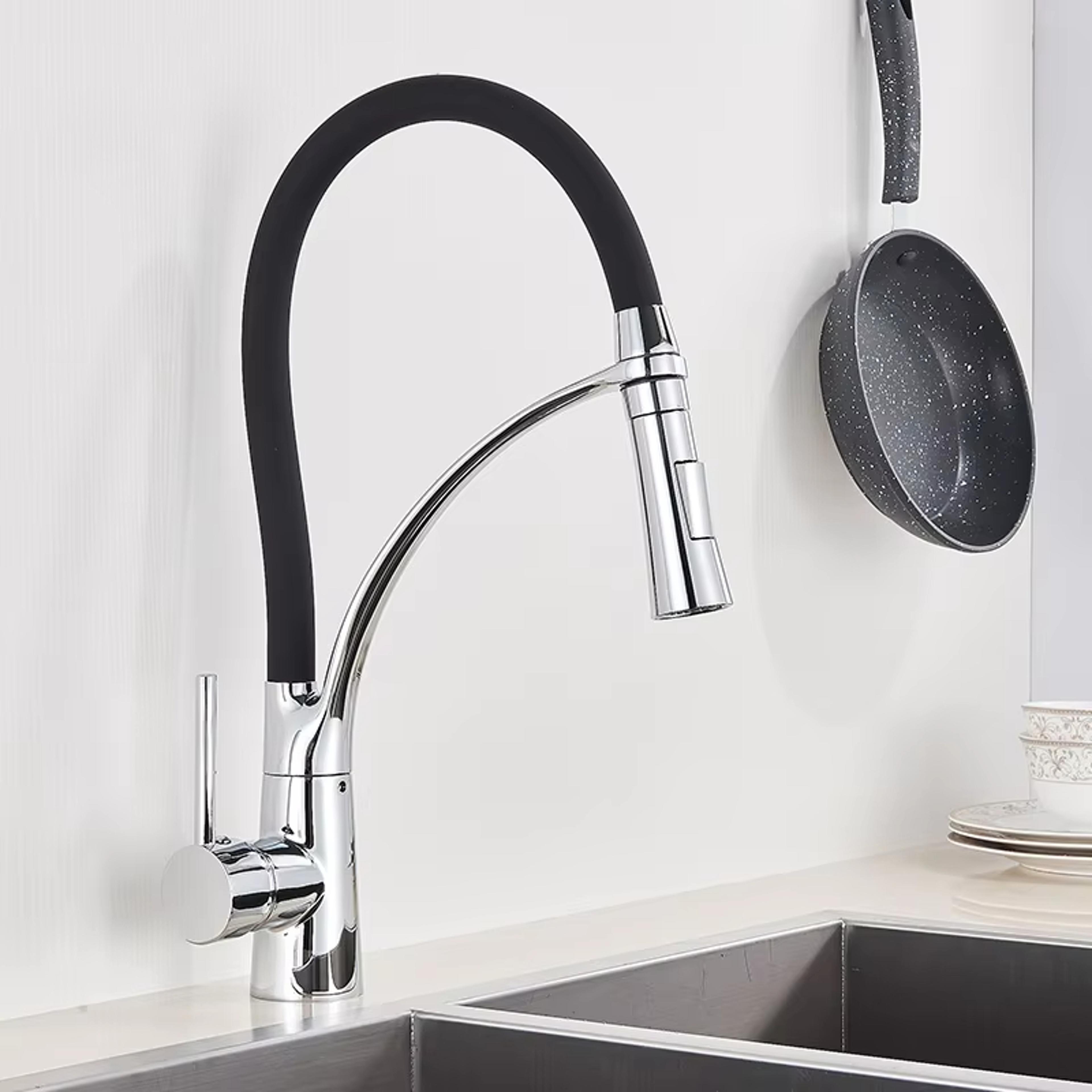 360 rotating black kitchen faucet with pull down sprayer and hot cold mixer