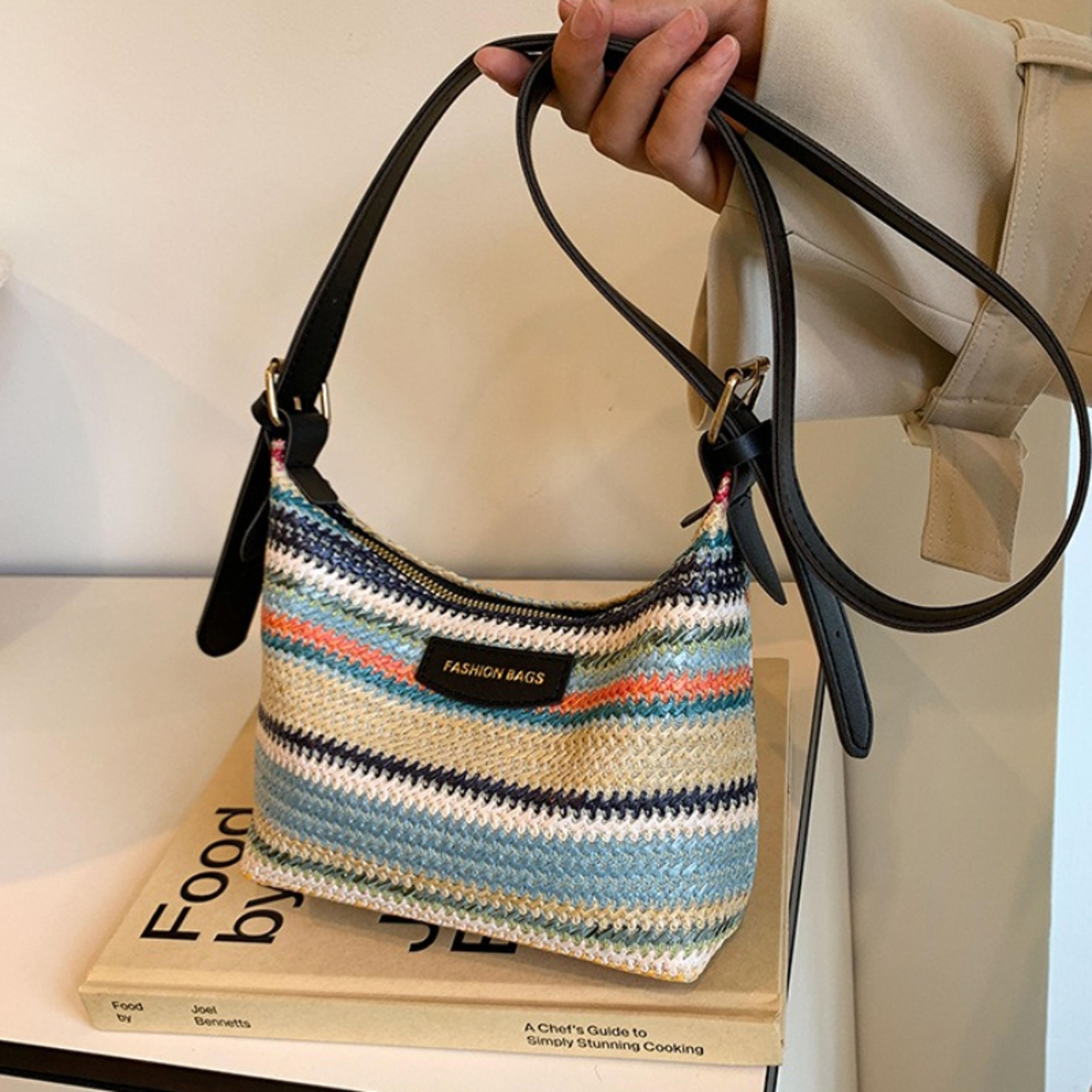 boho striped woven shoulder bag with leather trim for everyday and vacation