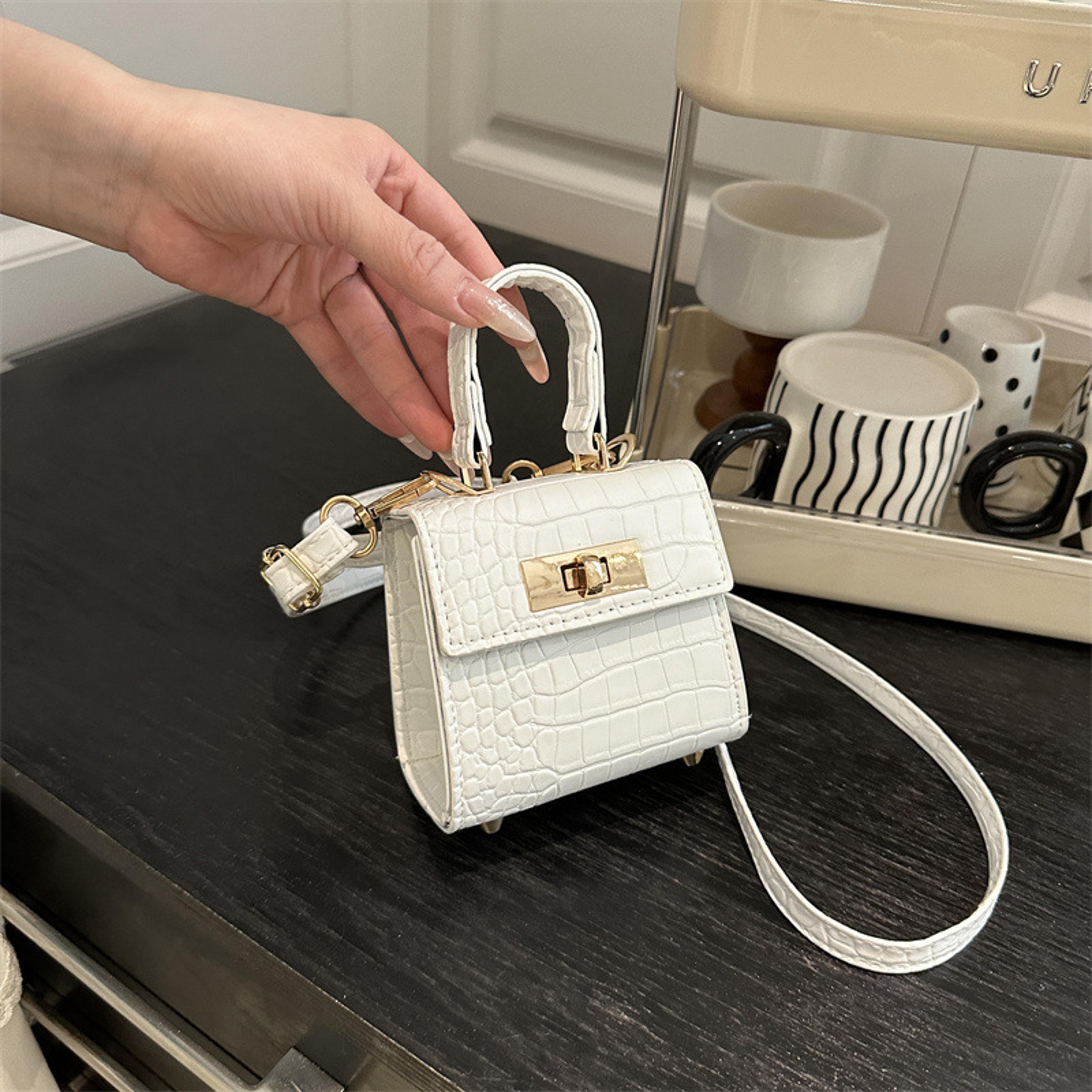 embossed mini satchel bag for women with detachable crossbody strap and gold lock