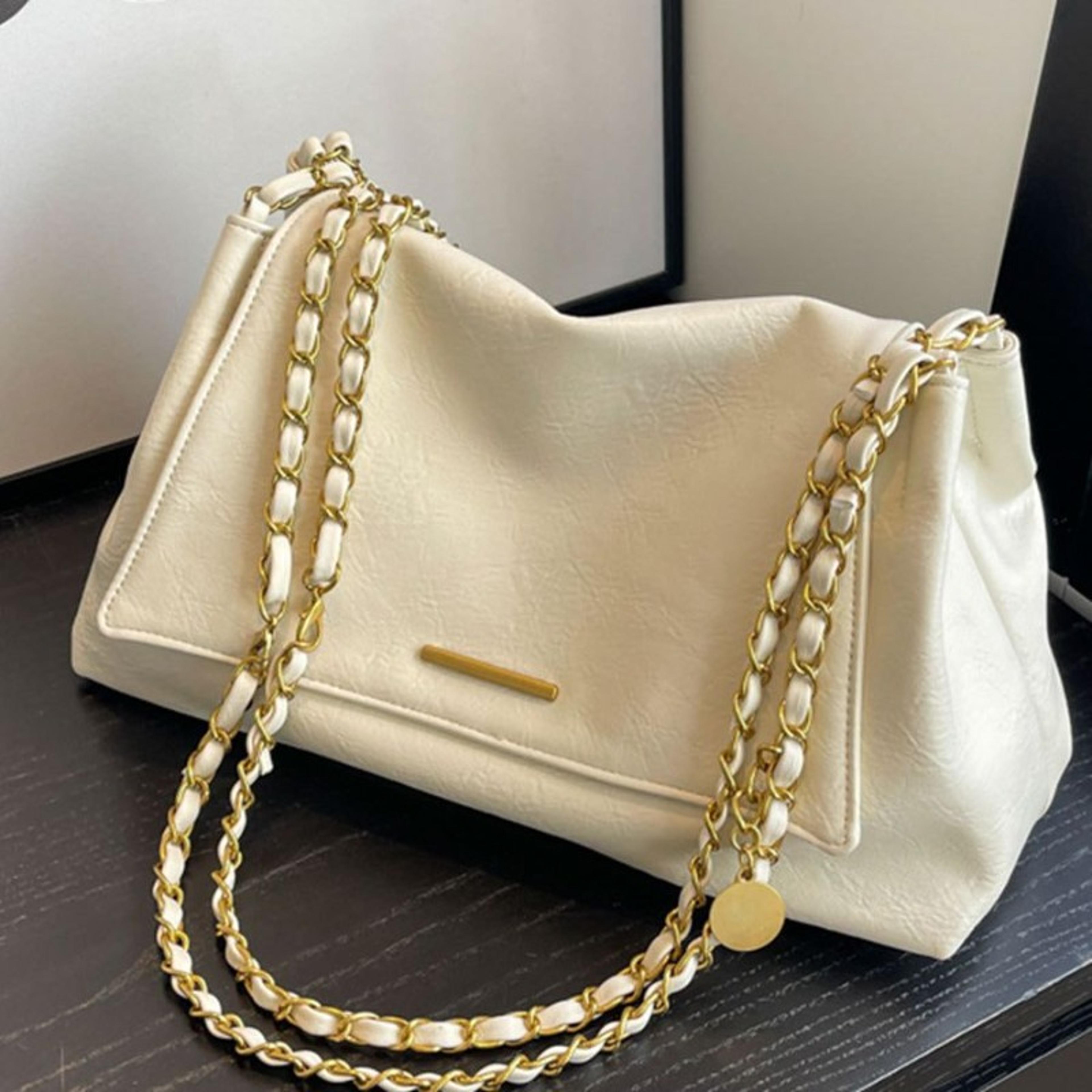 luxe soft leather large capacity tote bag with gold chain crossbody strap