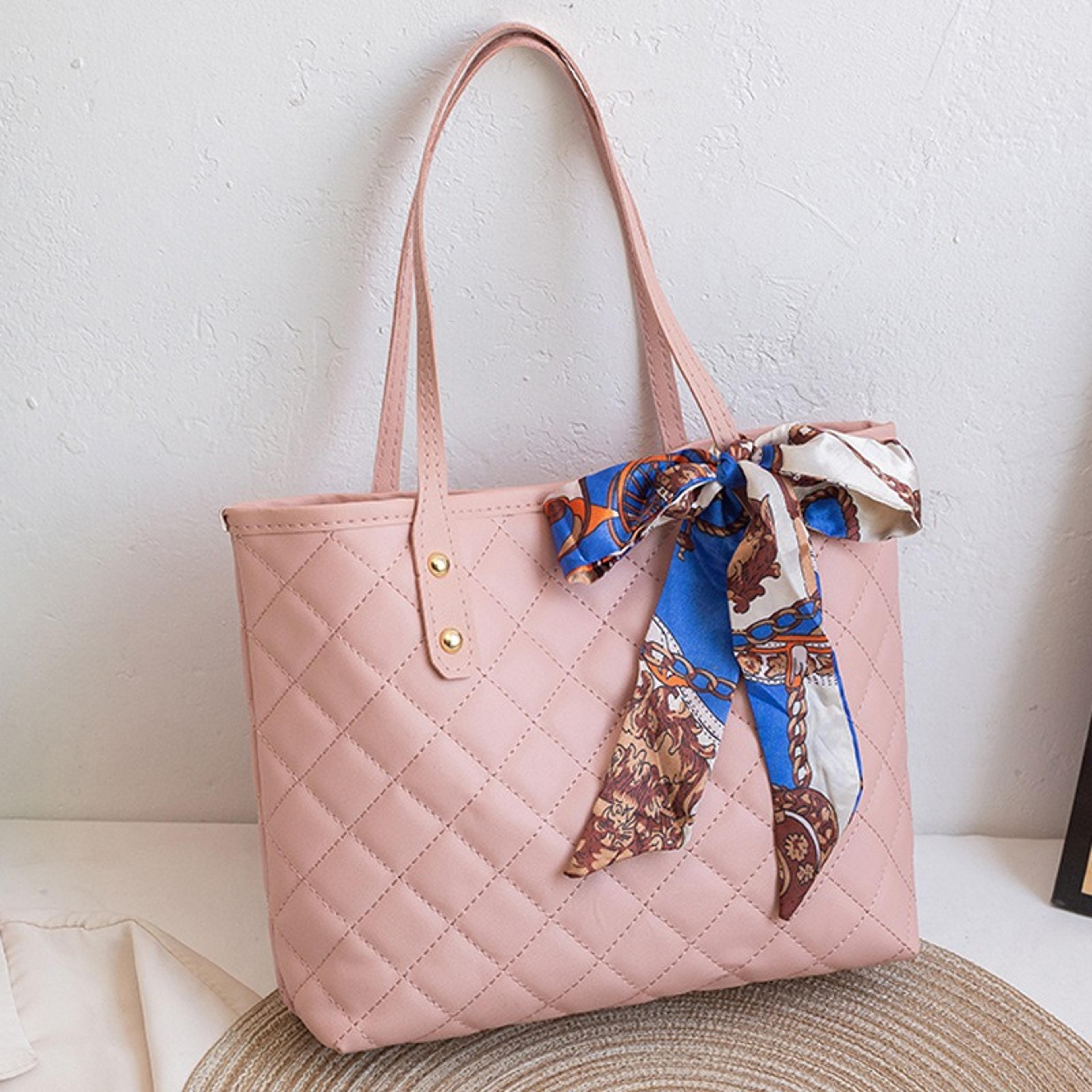elegant quilted tote bag for women with scarf bow large capacity work shoulder bag