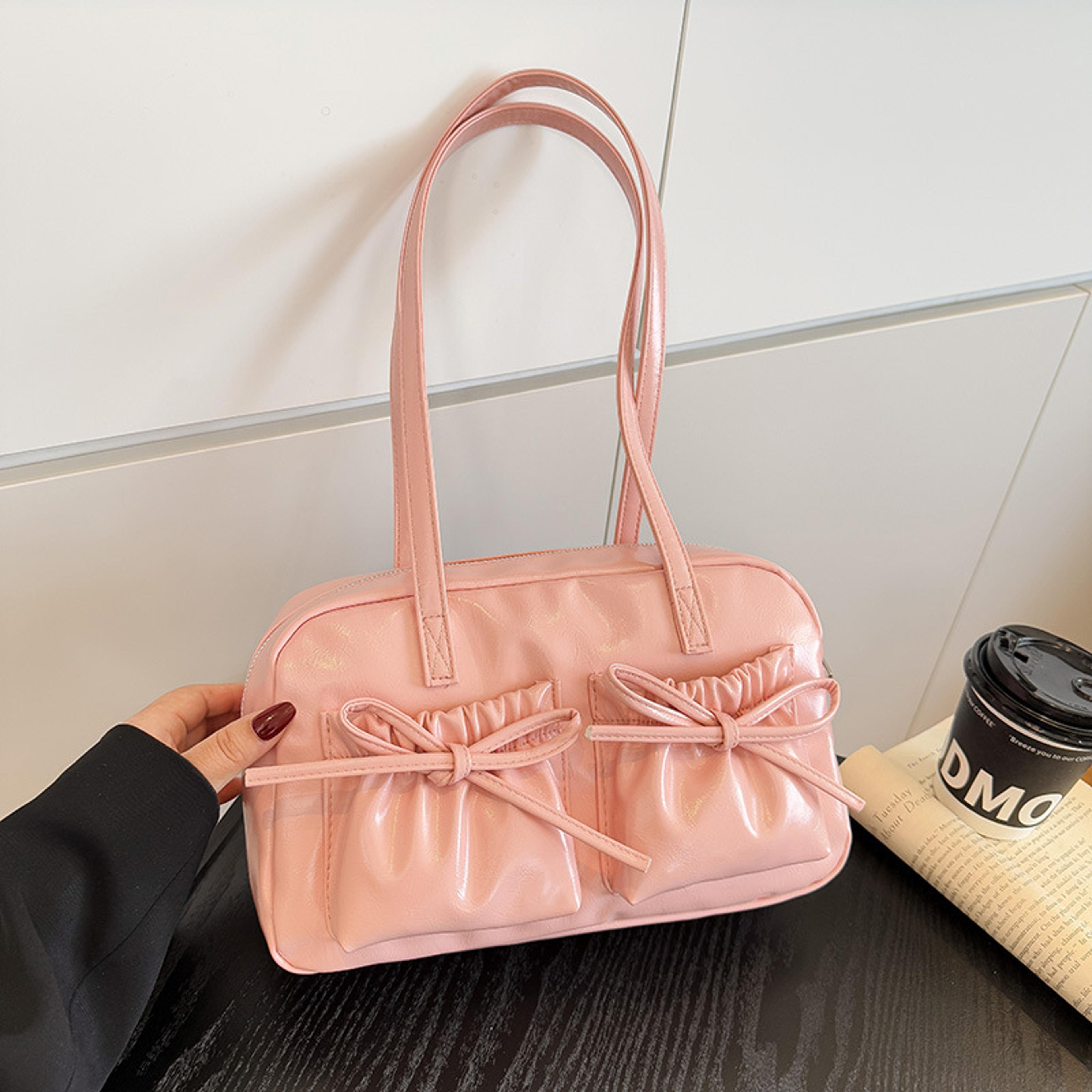 cloud charm faux leather shoulder bag with bow accent and multi pocket design