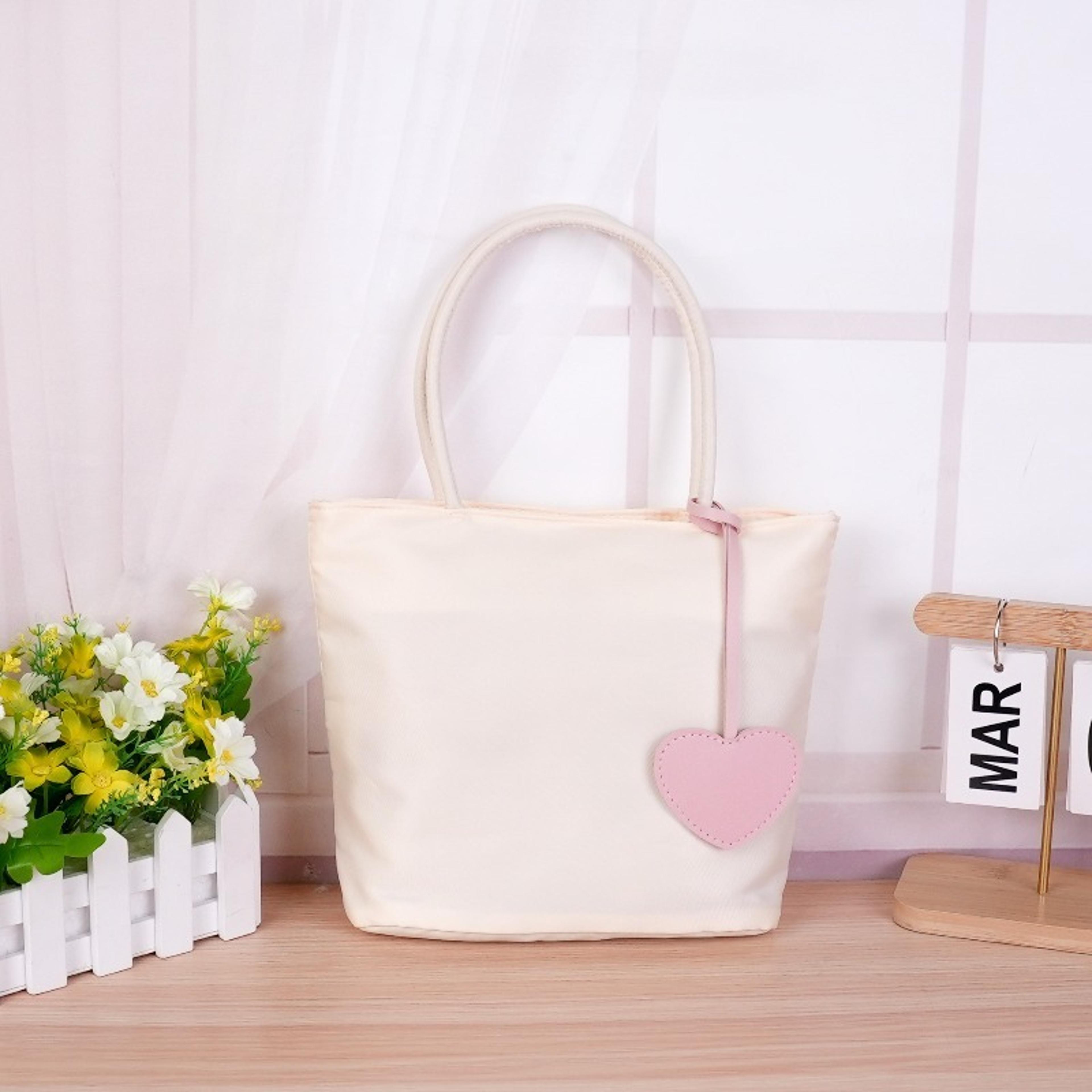 pastel nylon tote bag with detachable heart charm lightweight everyday handbag