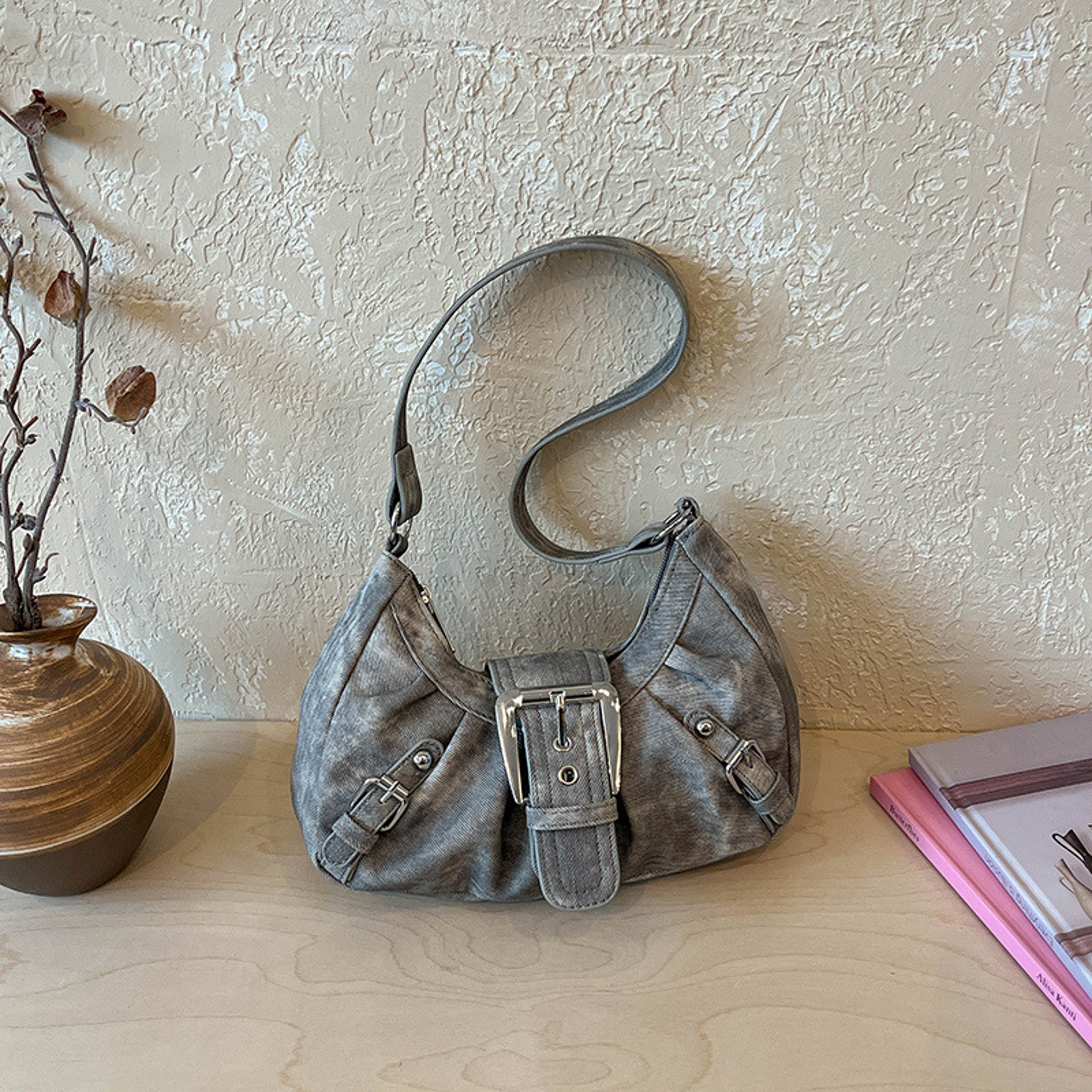 vintage tie dye denim y2k shoulder bag with crescent shape and metal buckle