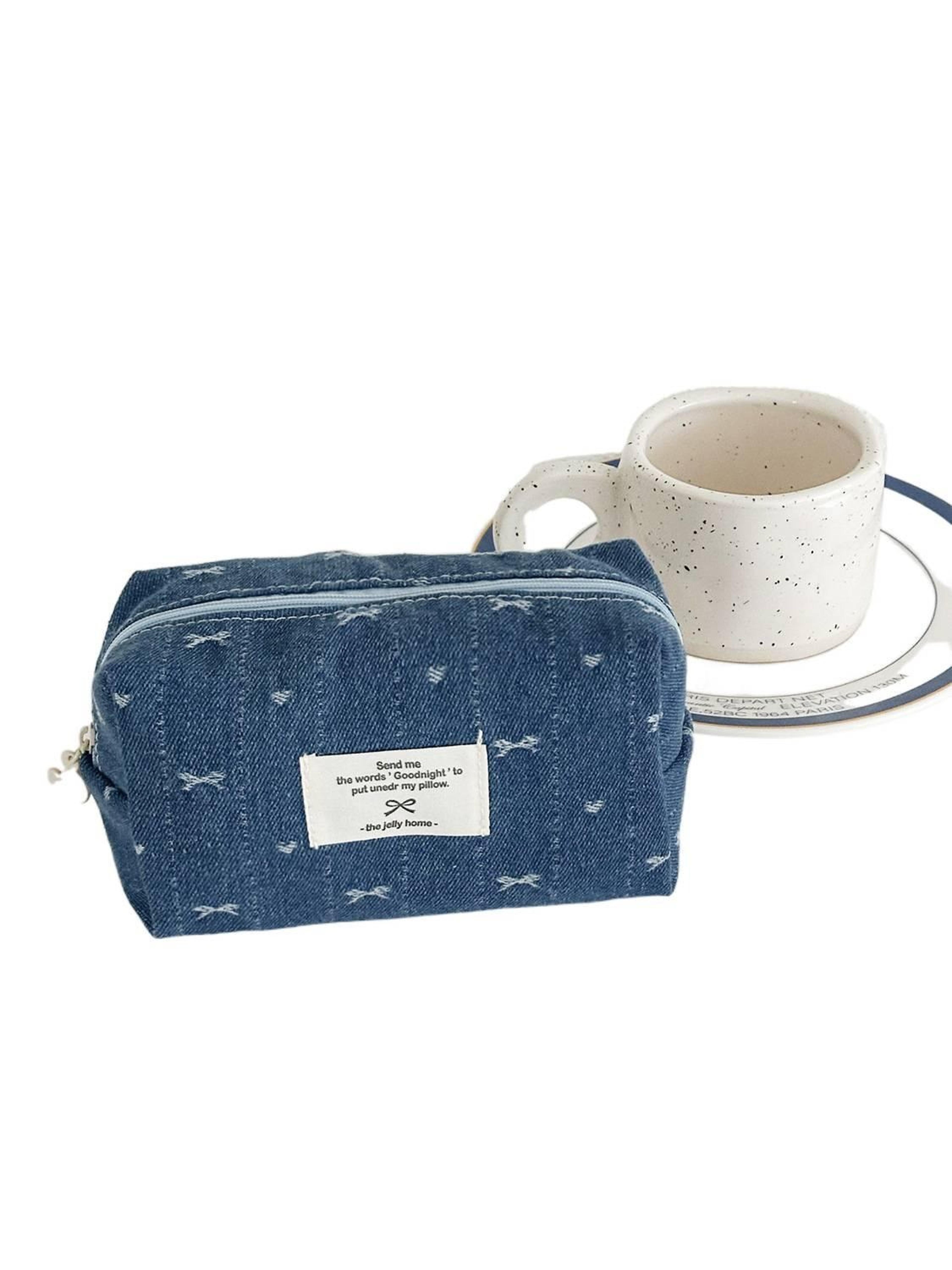 vintage bow denim makeup bag large capacity travel cosmetic and pencil organizer