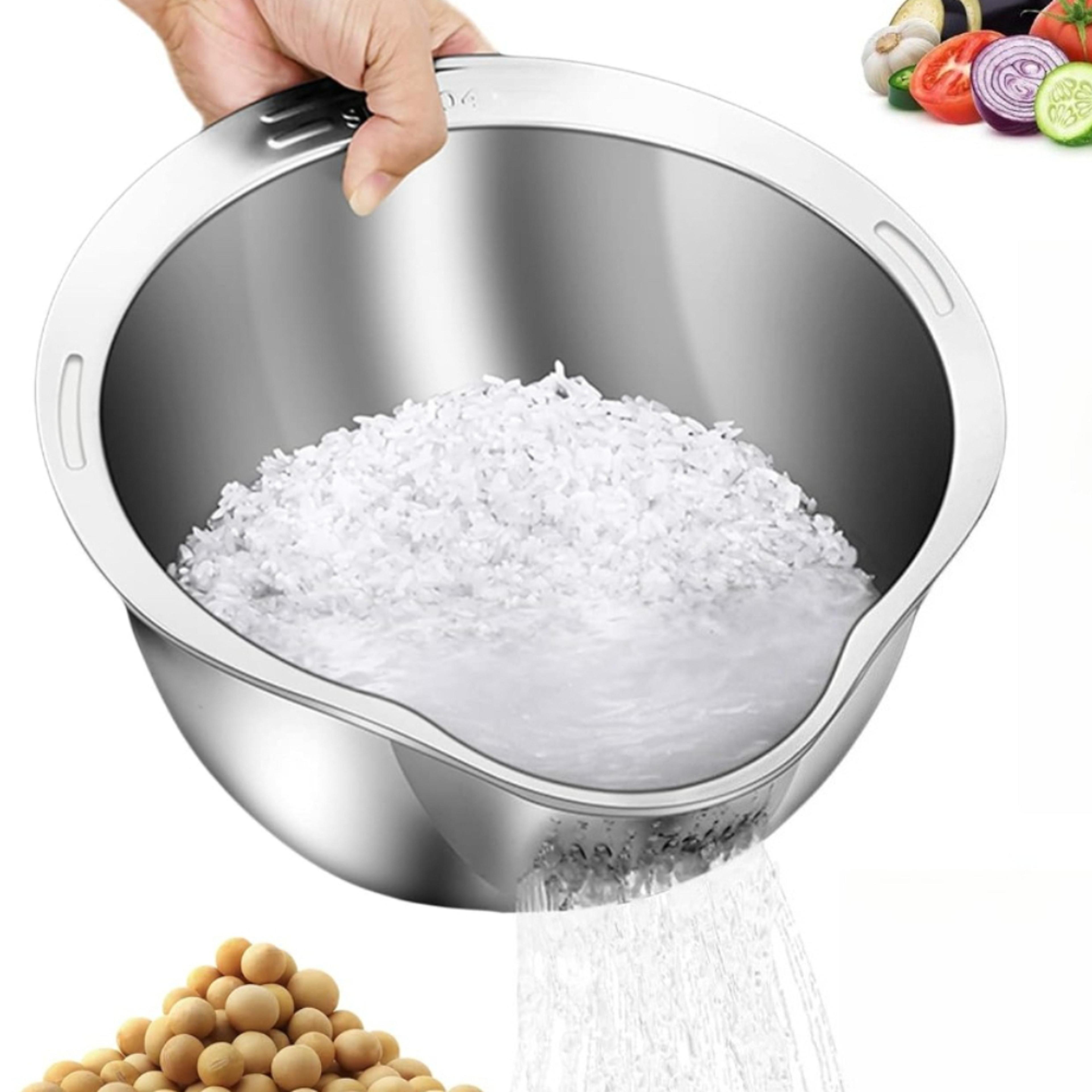 stainless steel rice washer bowl with side drainer and multipurpose strainer