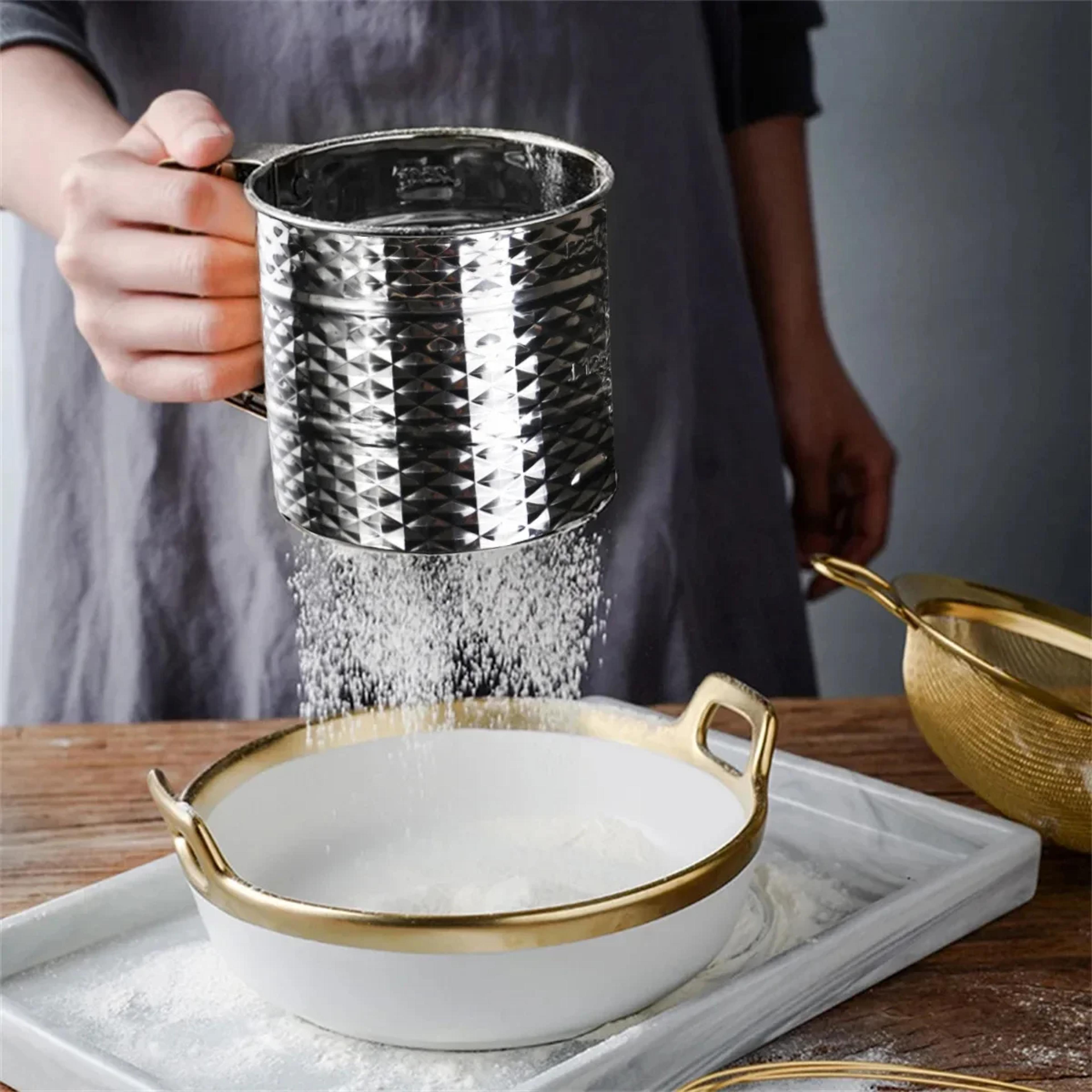 one hand press stainless steel flour sifter with fine mesh sieve for baking and powdered sugar