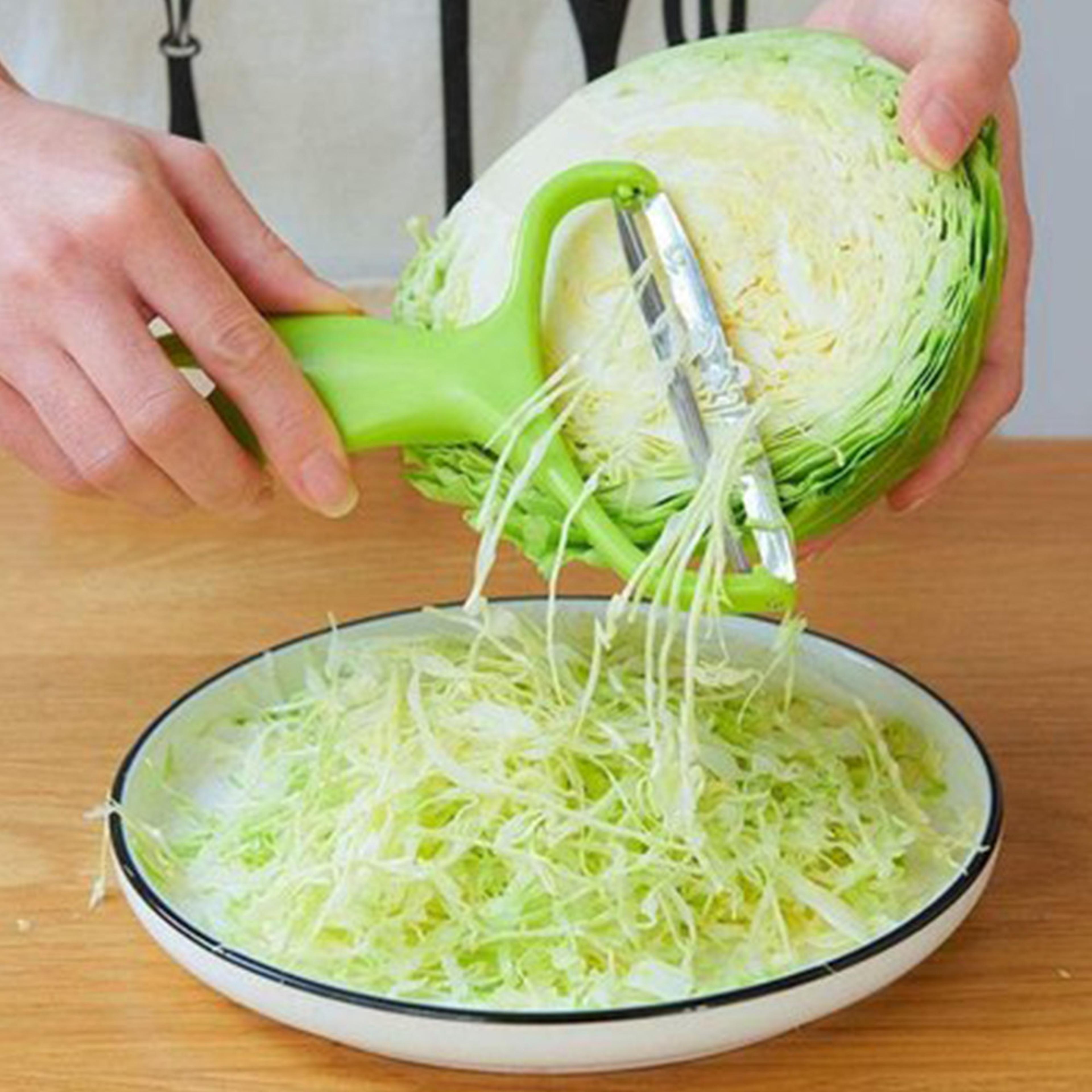 wide mouth vegetable peeler and cabbage shredder with stainless steel blade