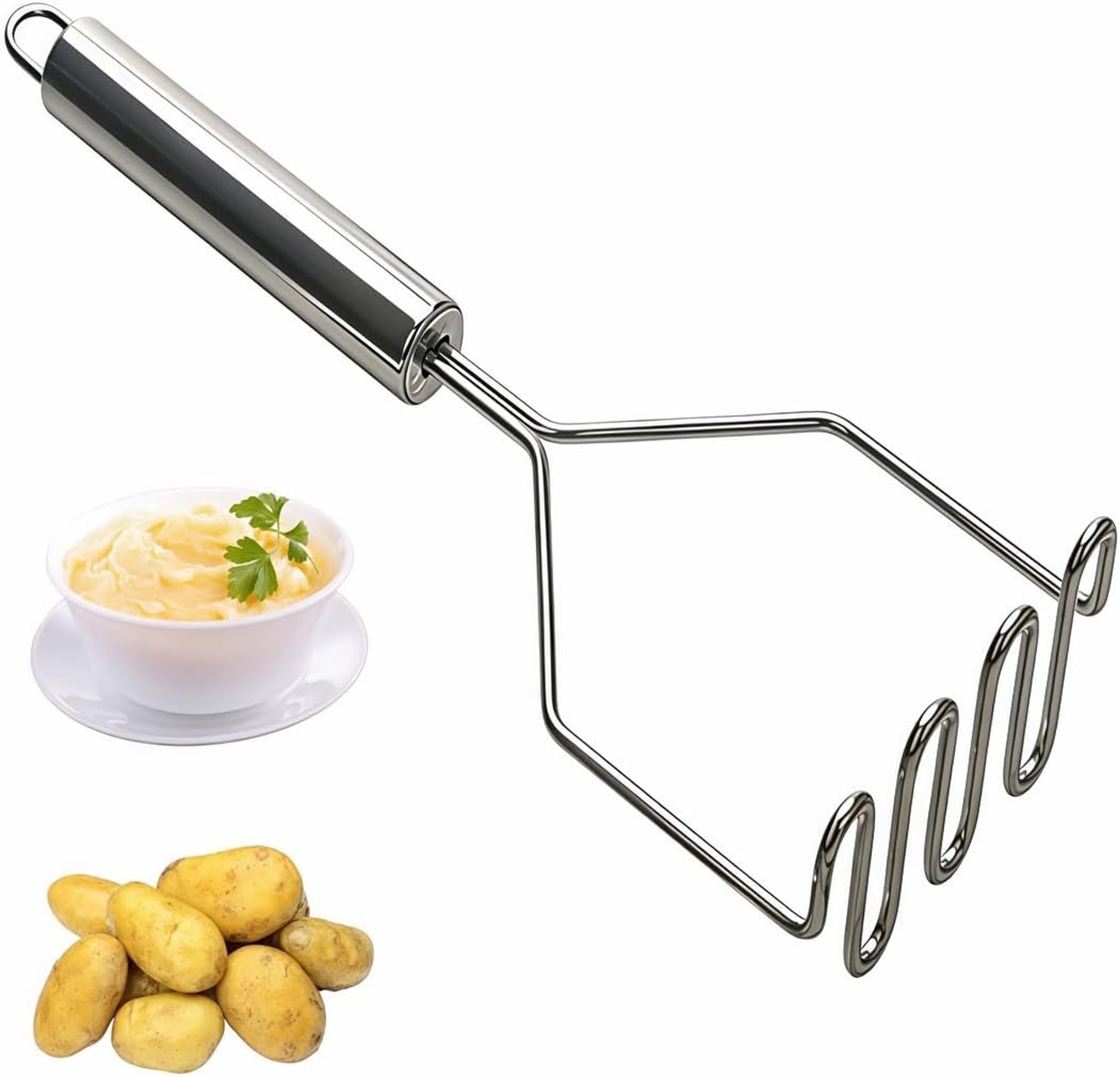 easy press stainless steel potato masher with ergonomic grip and wavy head