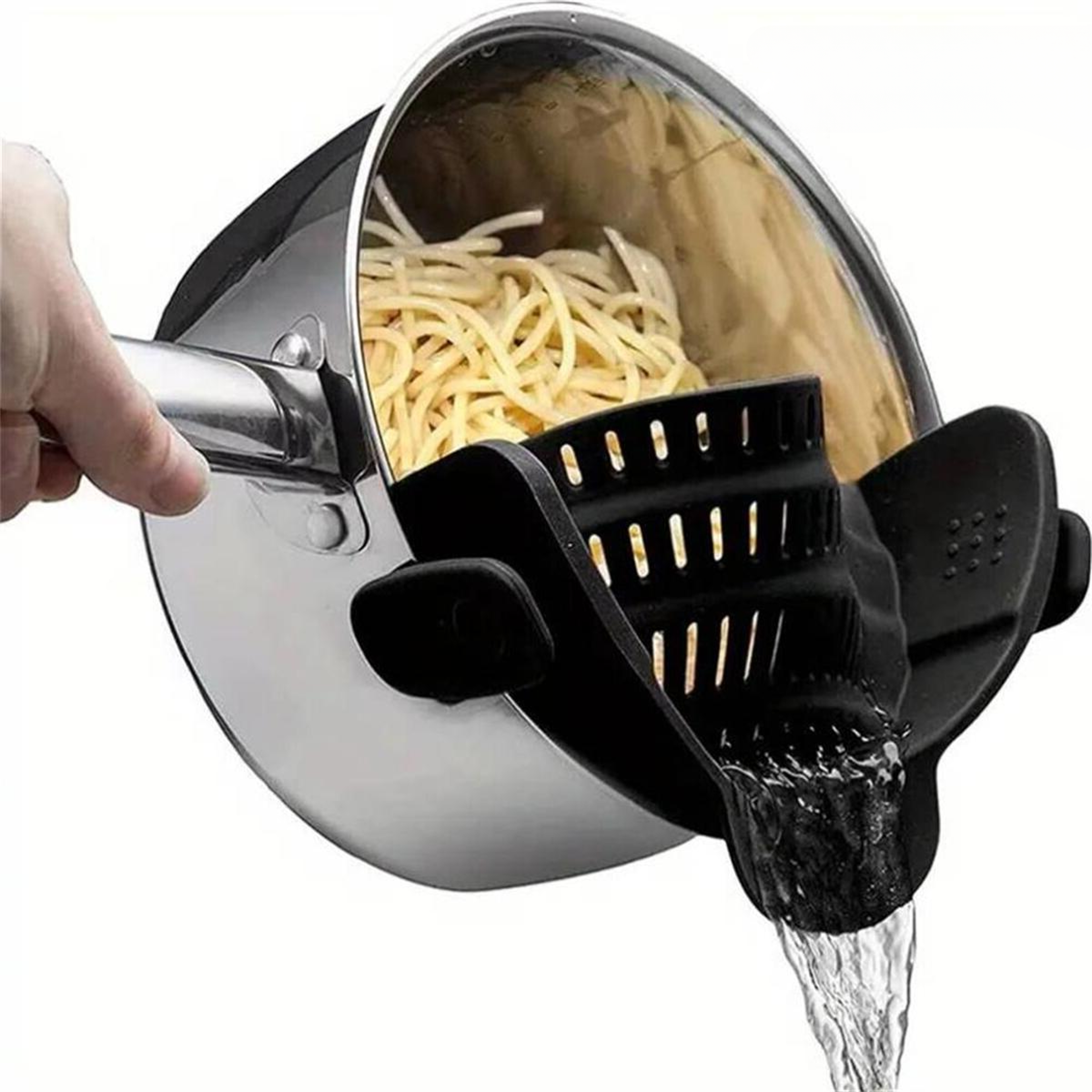 adjustable silicone clip on strainer for pots and pans, space saving pasta strainer