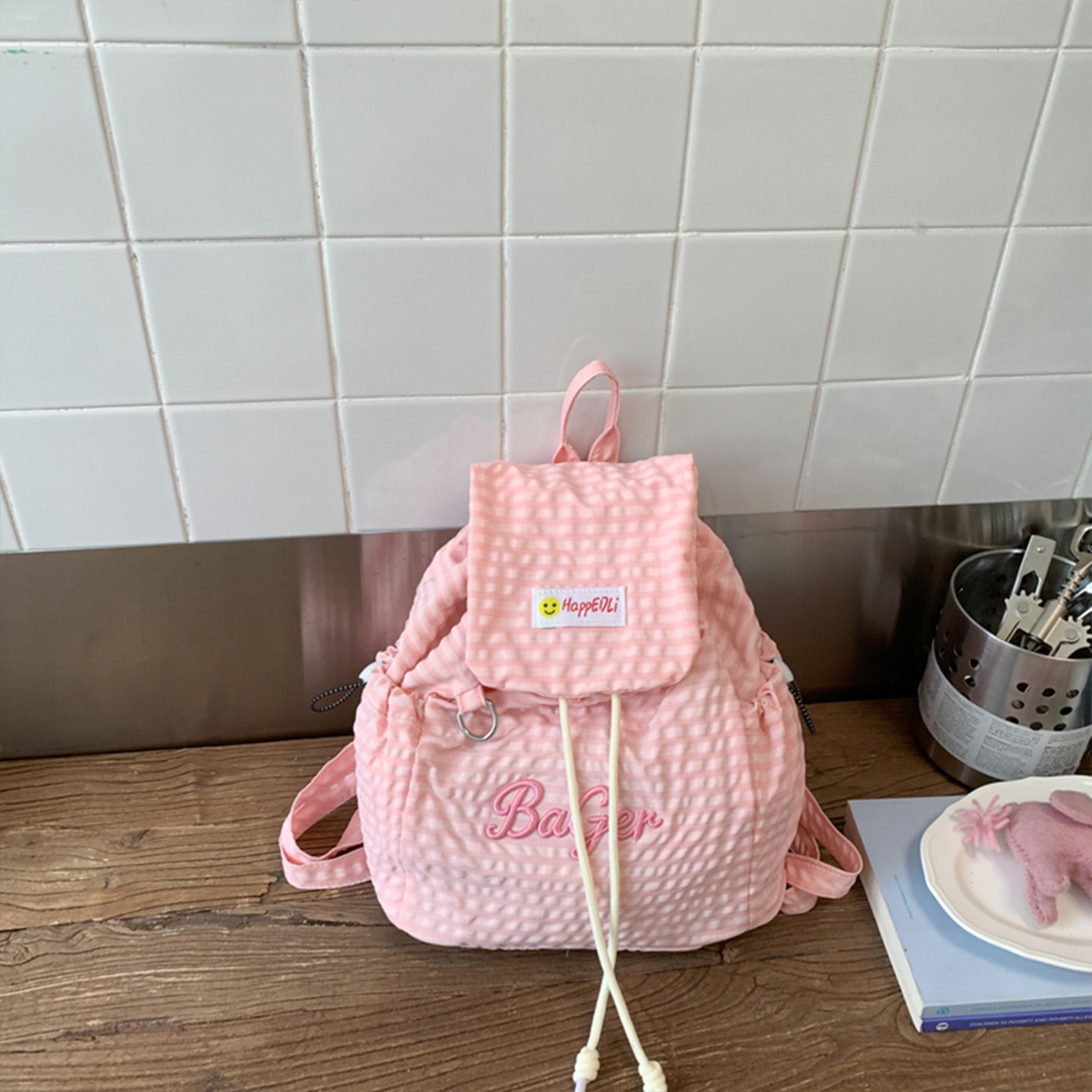 plaid mini drawstring backpack with embroidered letter casual campus daypack