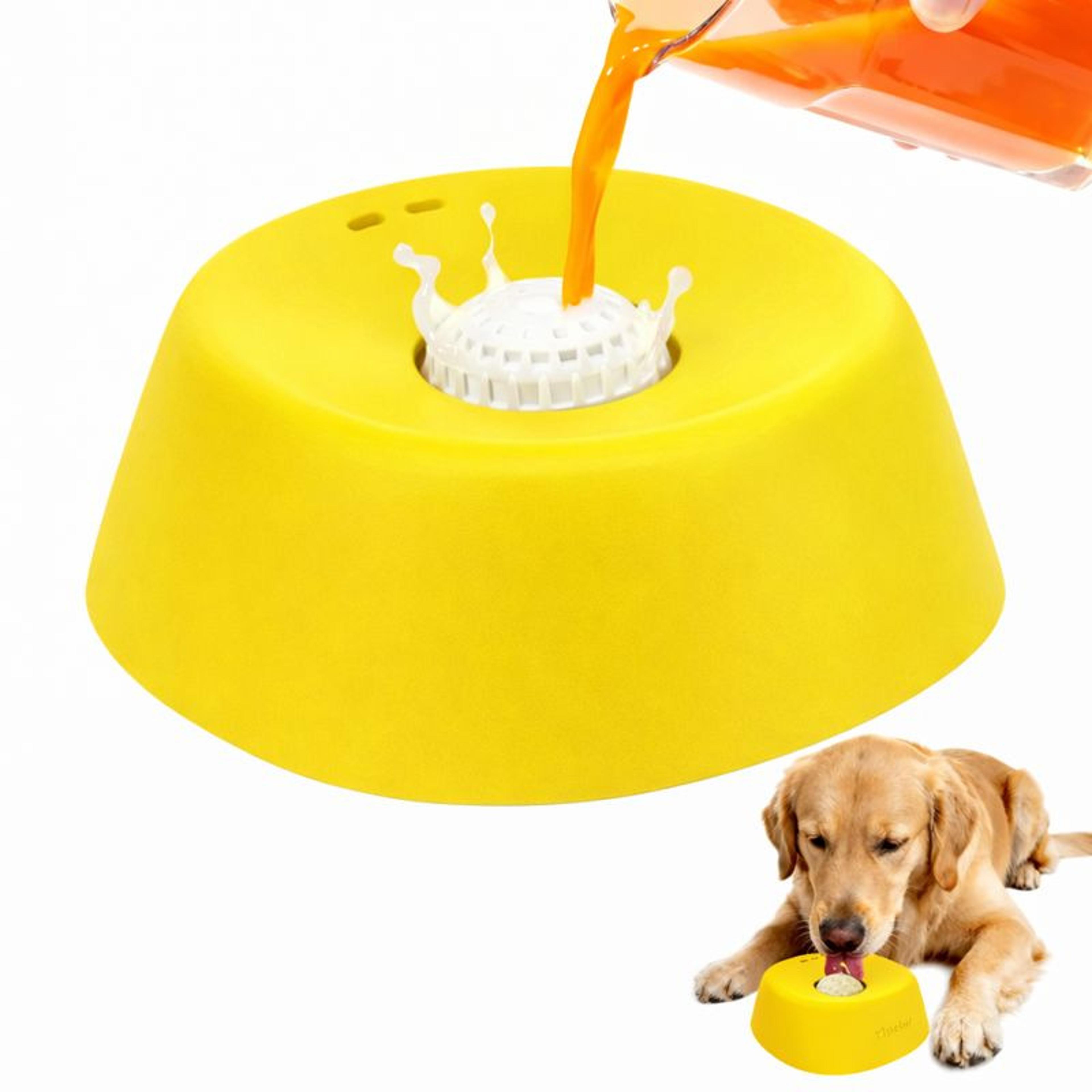 rolling ball slow feeder dog bowl and dog lick bowl for bone broth yogurt and liquid treats