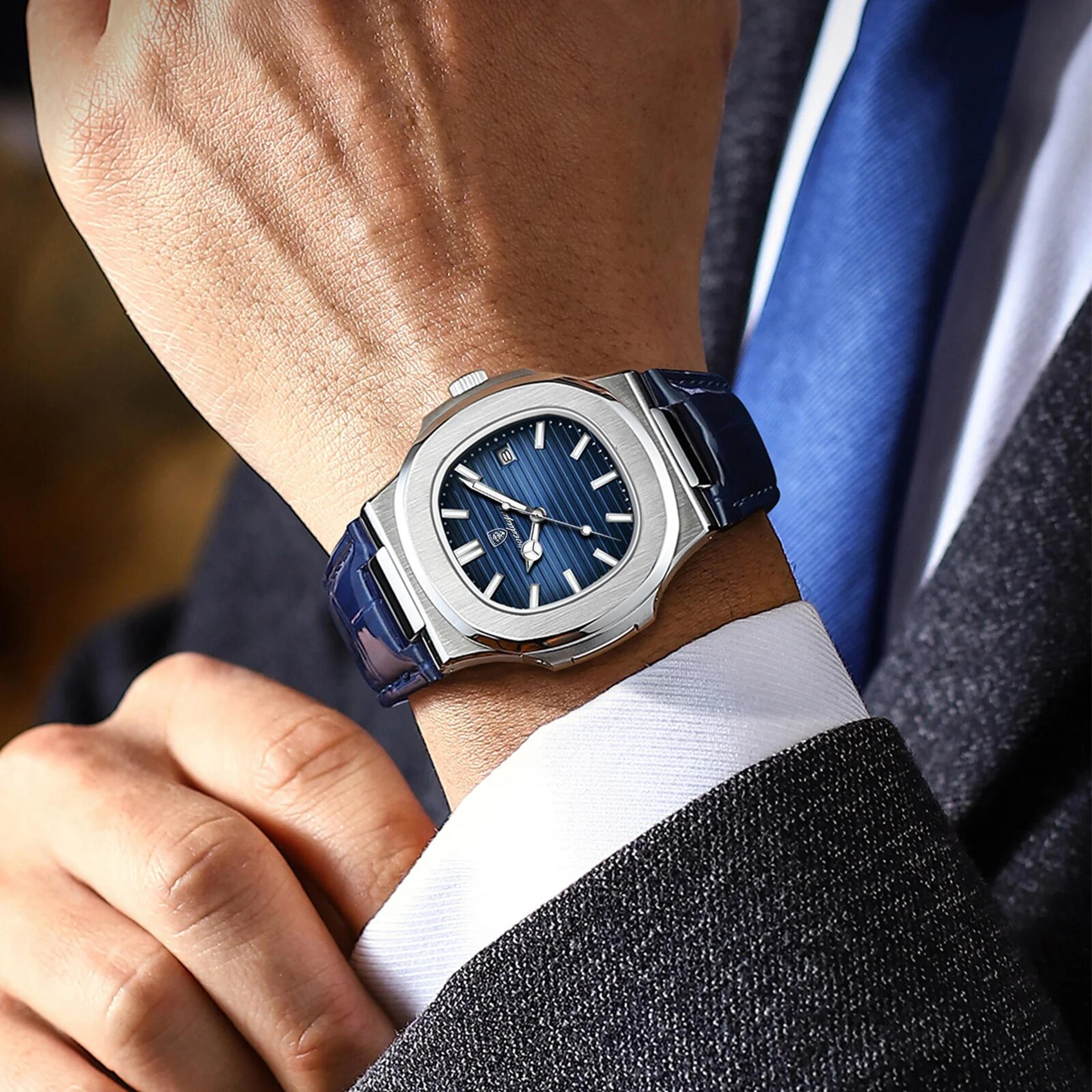luxury square mens quartz watch with leather strap, luminous dial and date