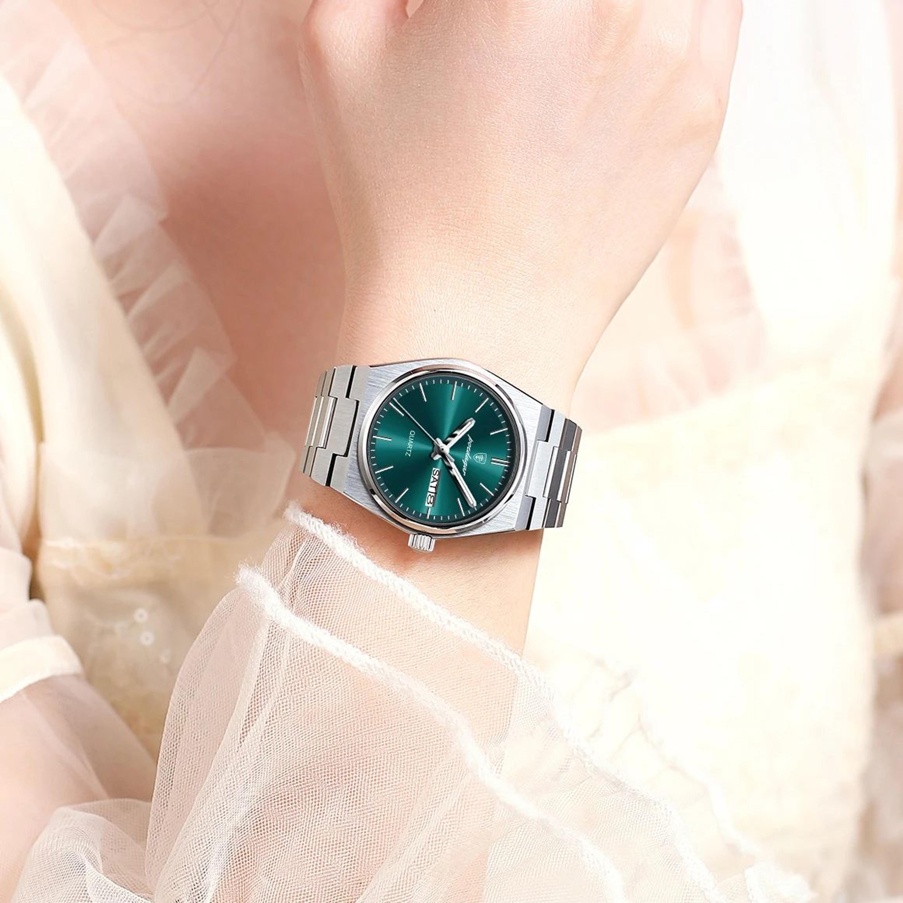 elegant womens quartz watch with luminous hands date week and stainless steel band