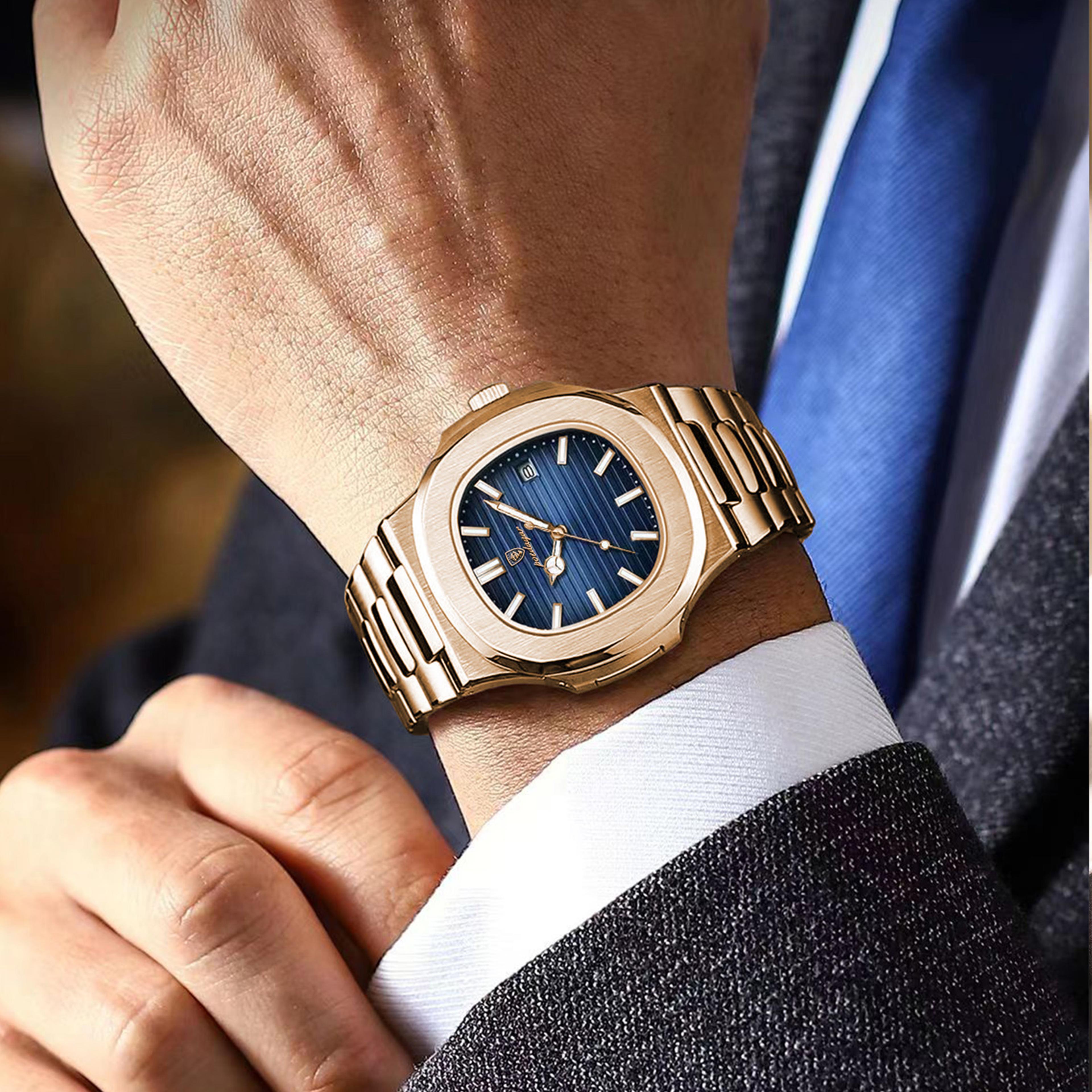 mens quartz watch with luminous date and stainless steel band