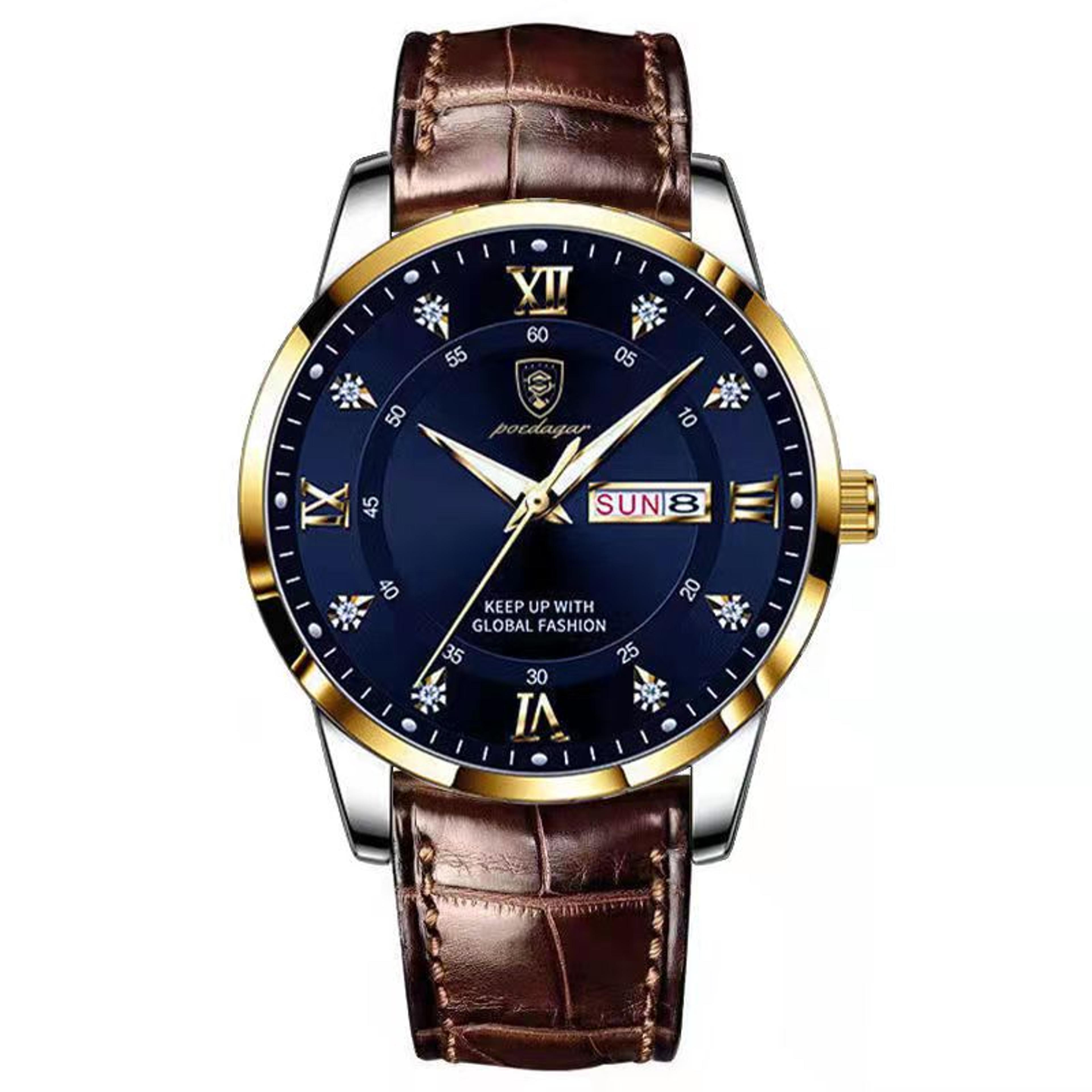 mens quartz watch with leather strap luminous dial and water resistance
