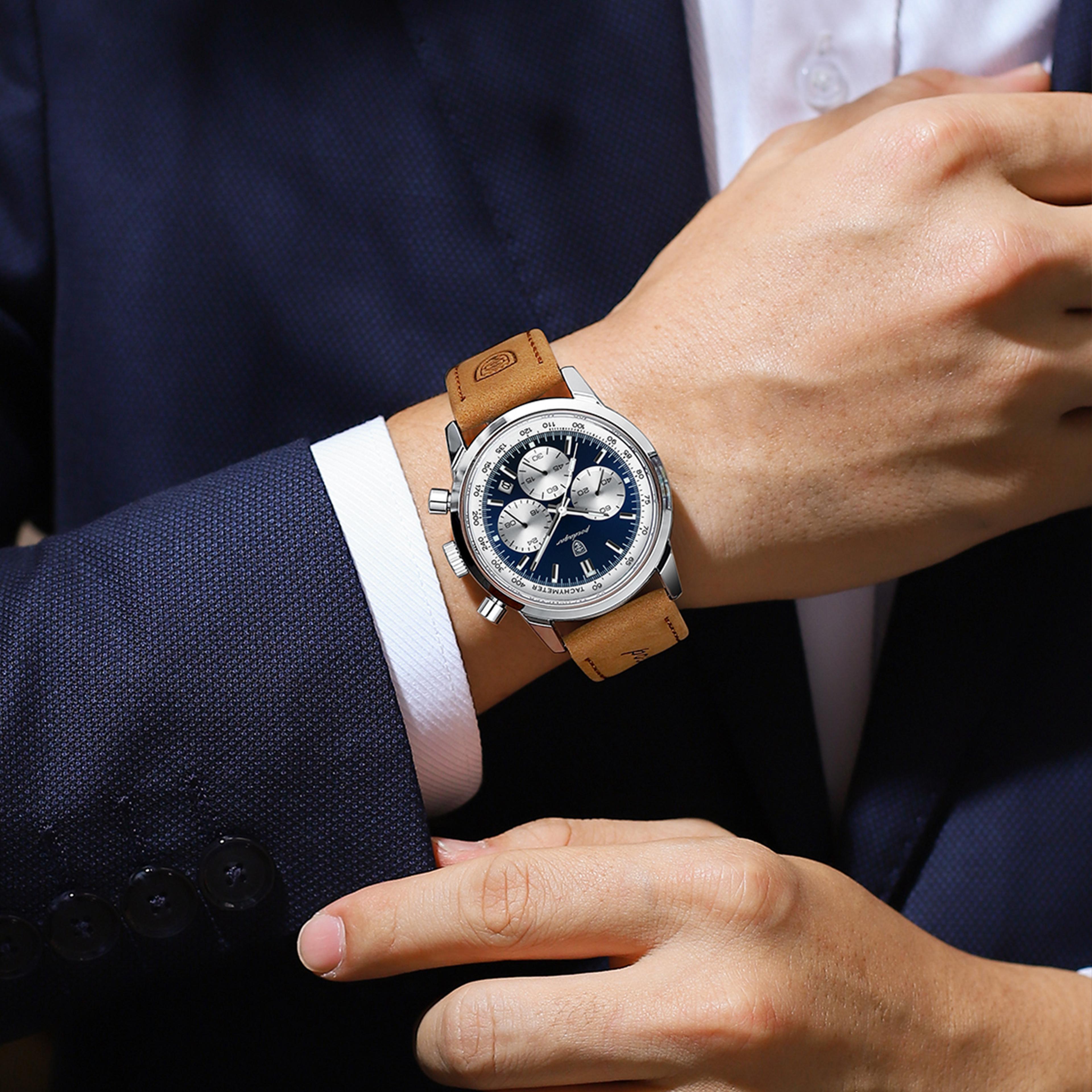 mens chronograph watch waterproof luminous leather quartz watch