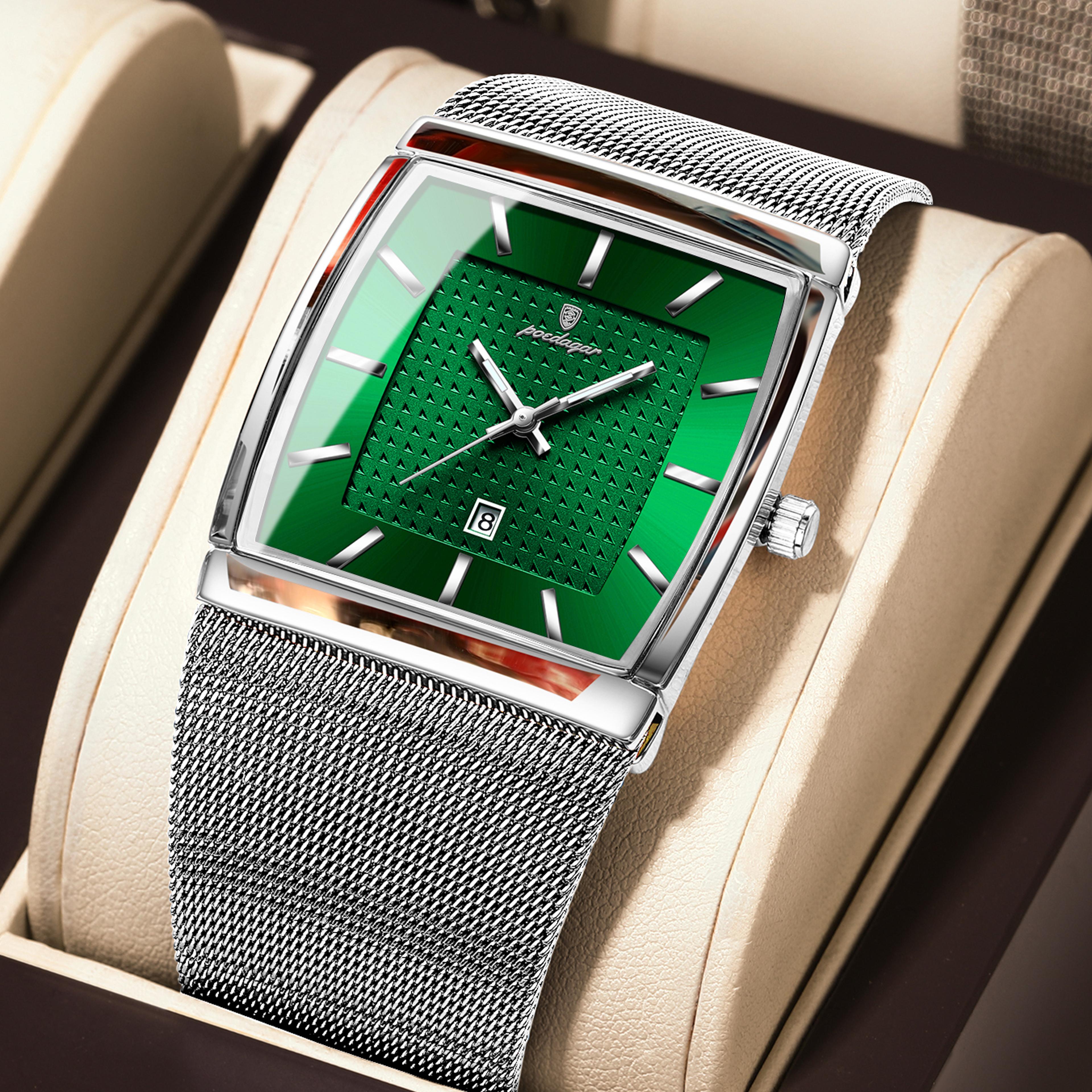 luxury mens quartz watch with stainless steel mesh band, luminous hands and date display
