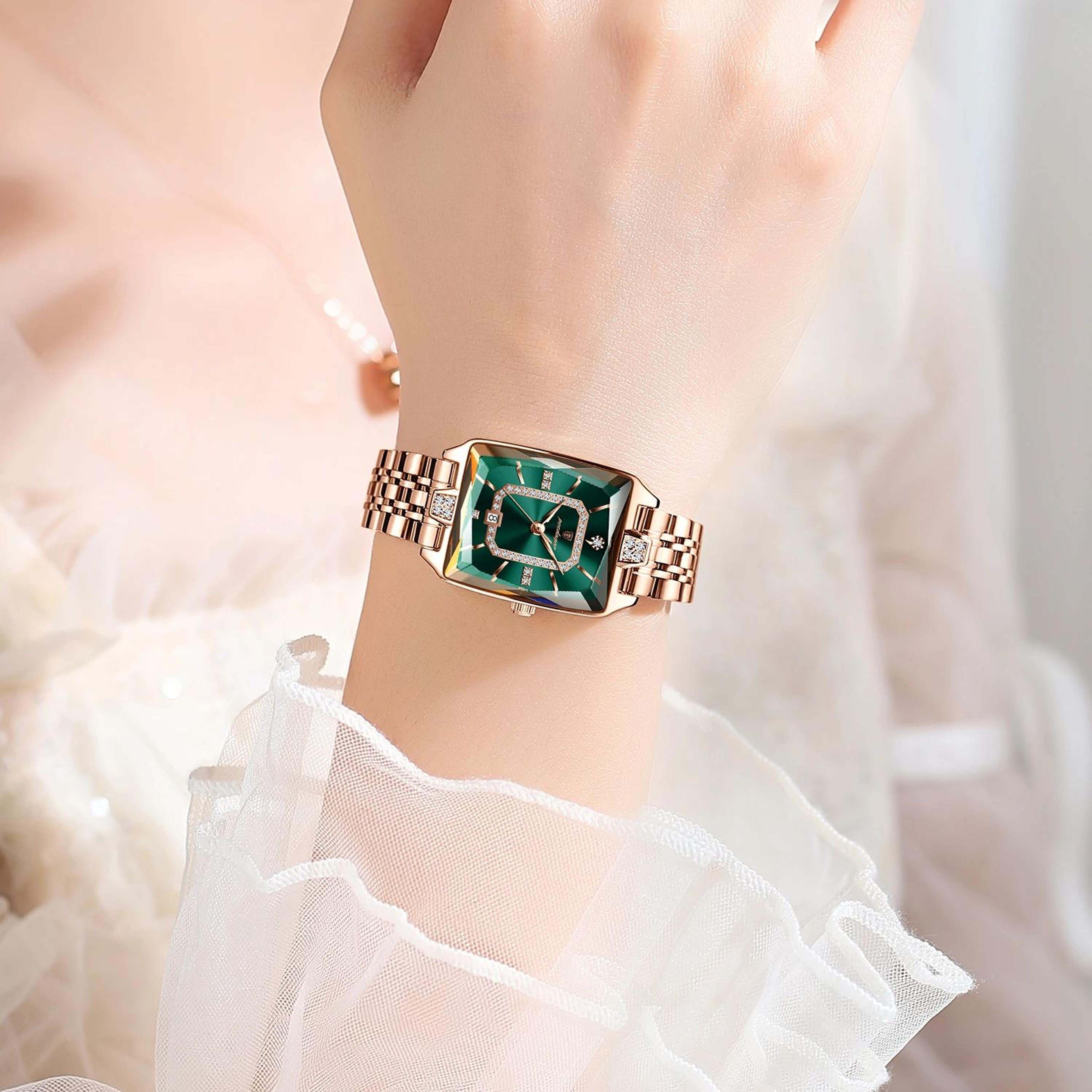 elegant womens quartz watch with date and stainless steel band