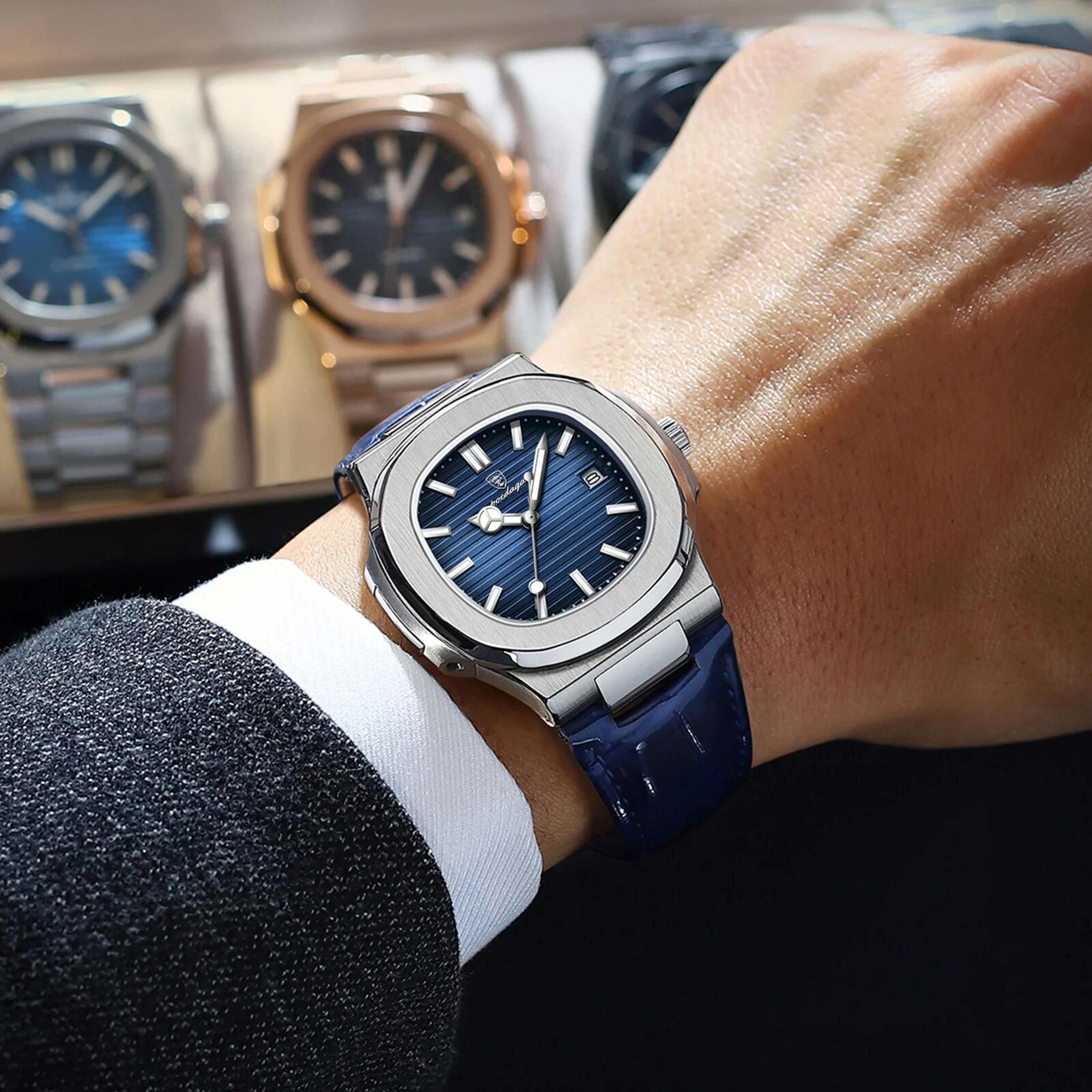 luxury square watch for men with leather strap luminous dial and date