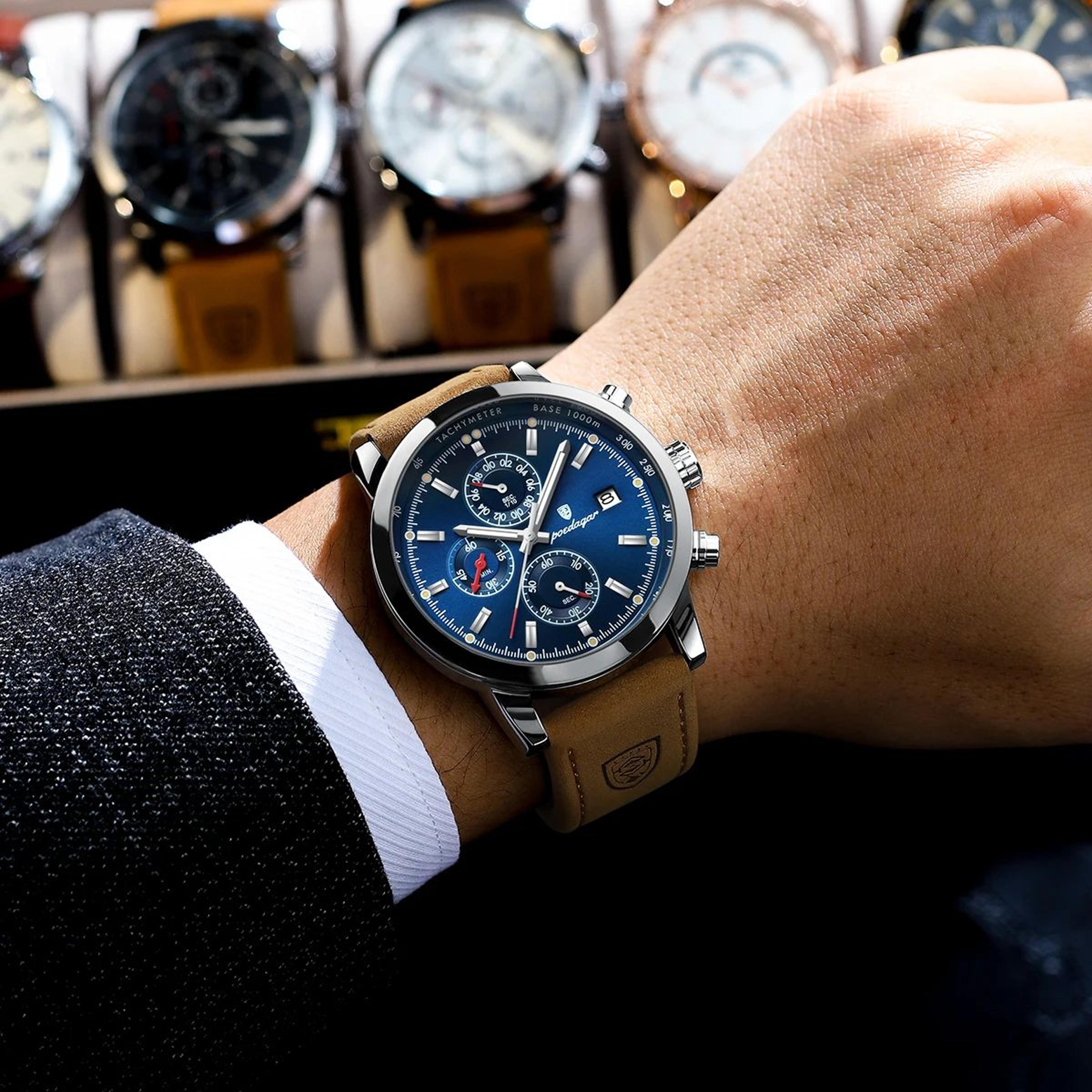 mens chronograph watch waterproof leather quartz watch