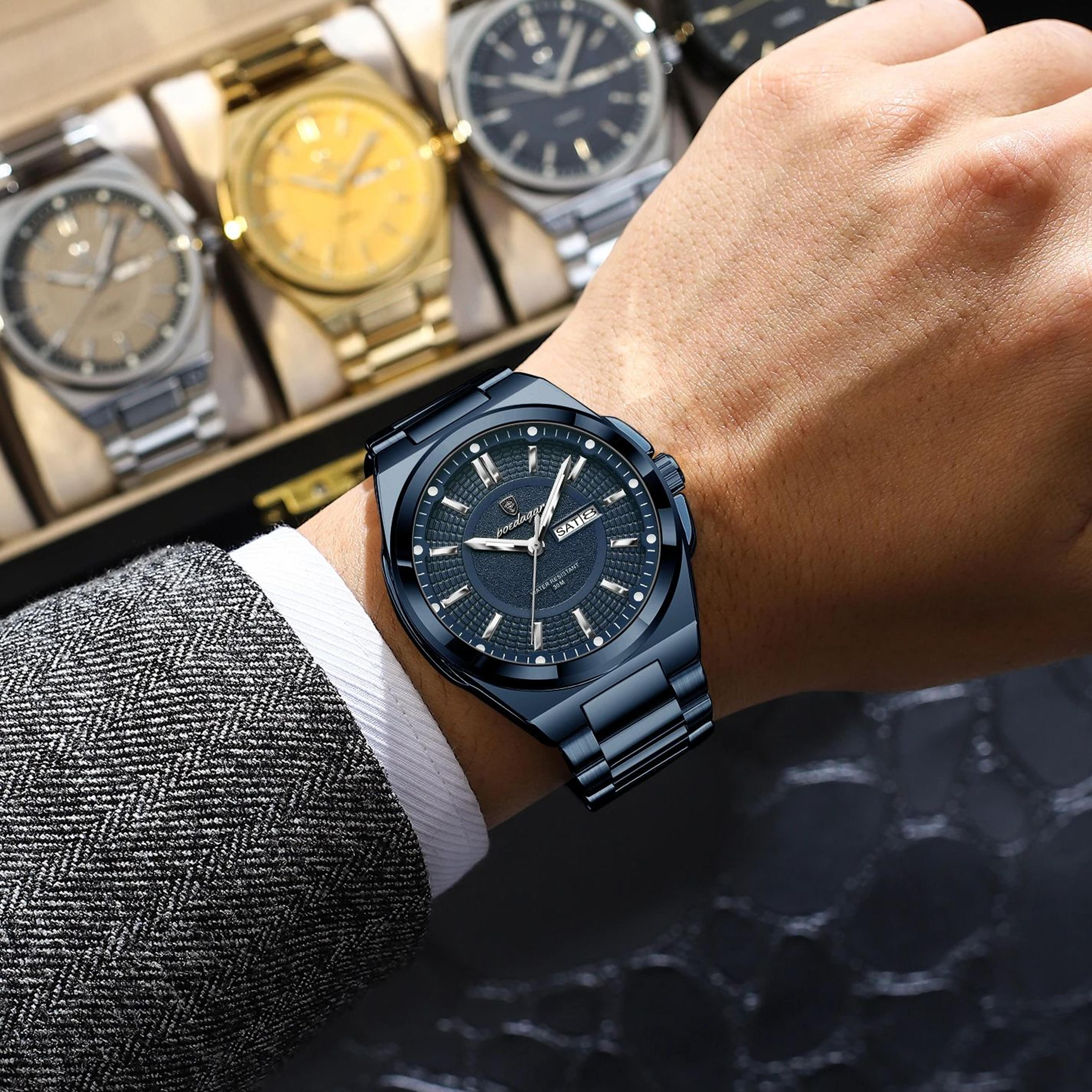mens stainless steel quartz watch waterproof luminous date week