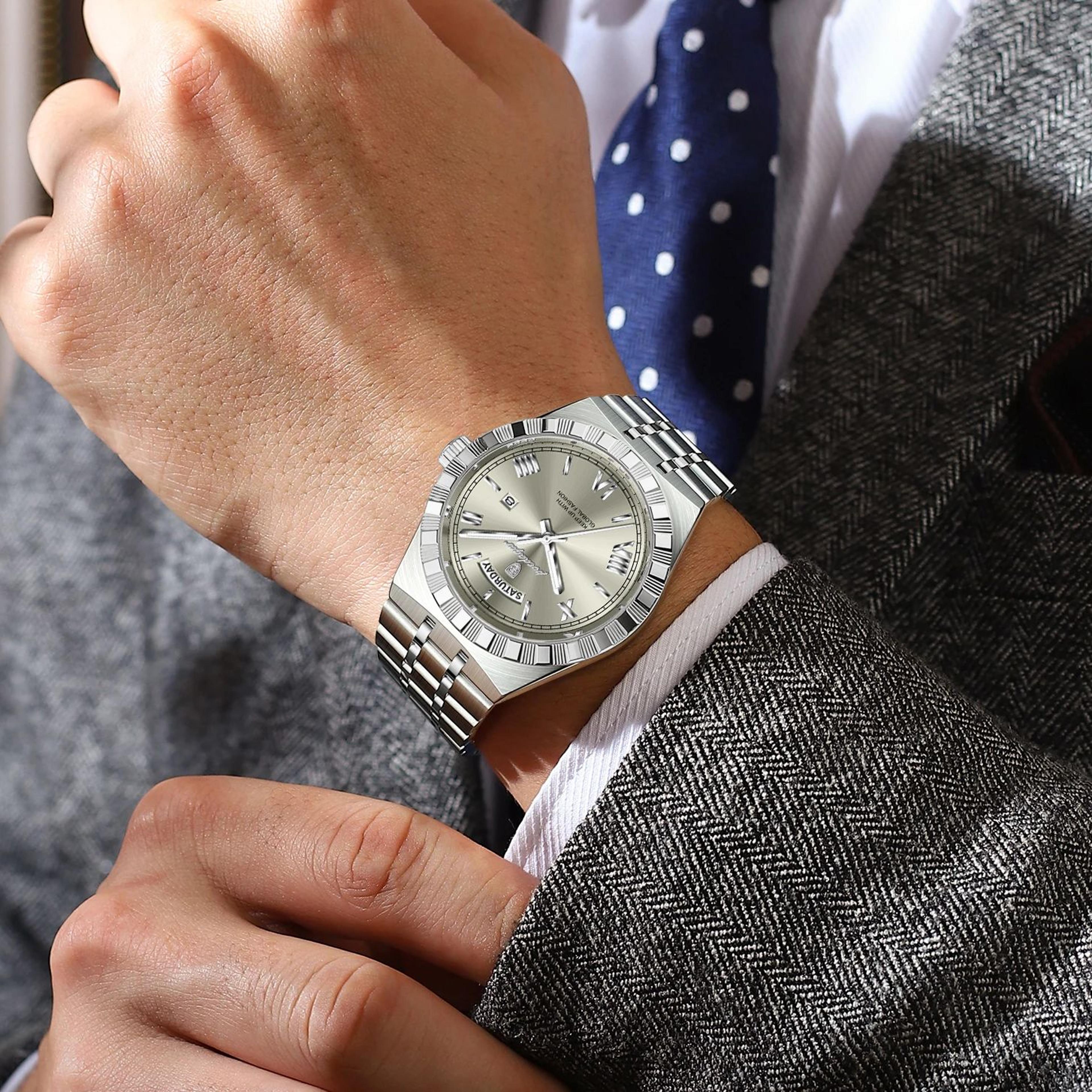 luxury mens quartz watch with week date luminous dial and stainless steel band