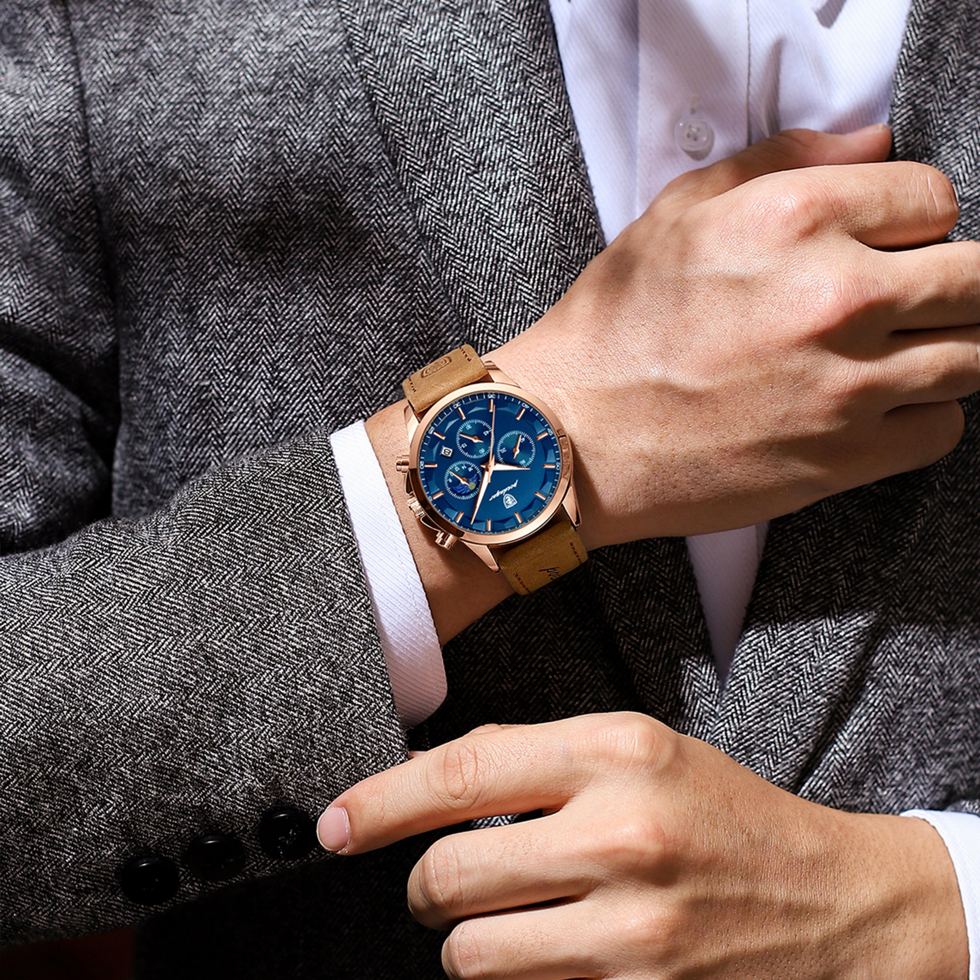 luxury mens chronograph watch with leather strap, luminous display and date
