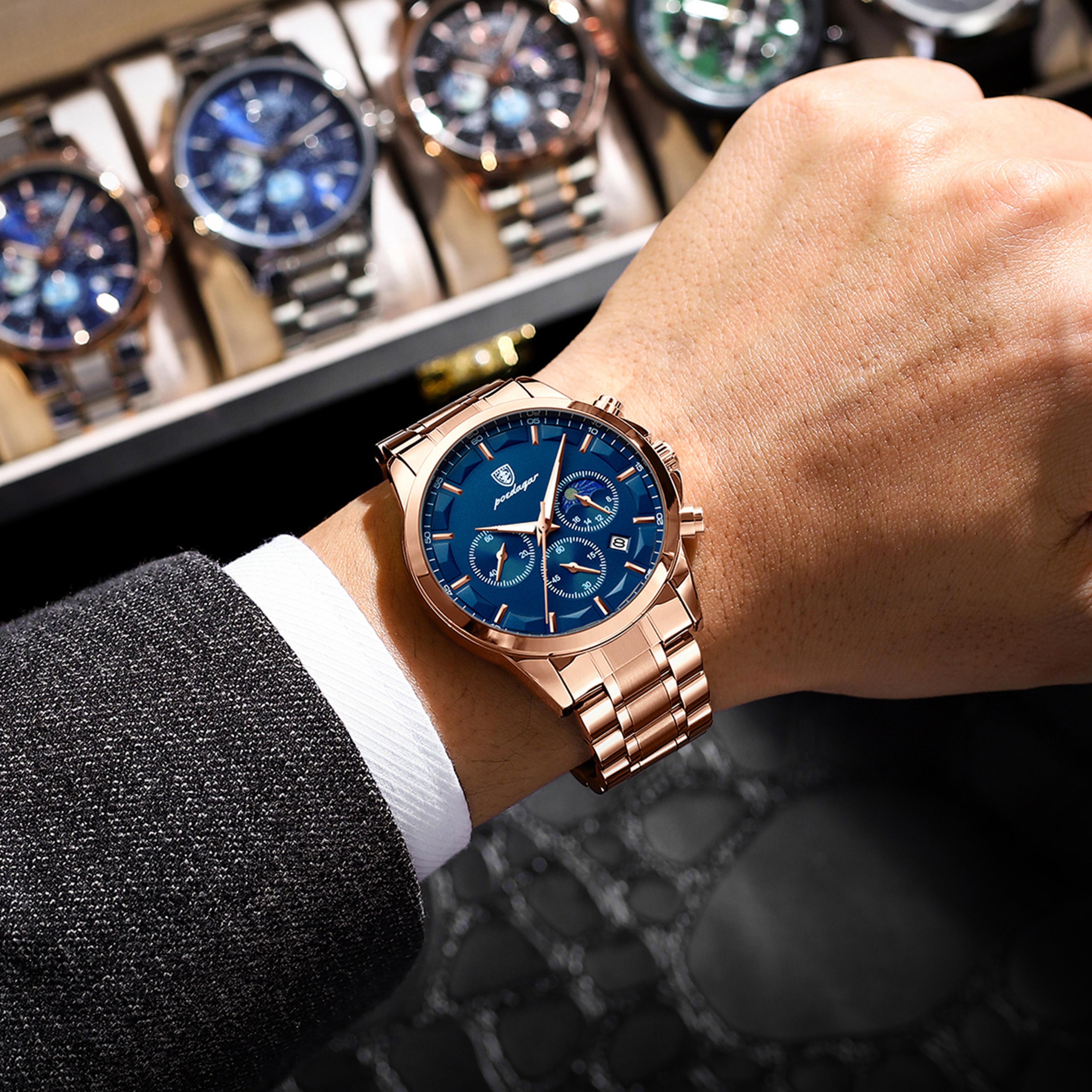 mens chronograph watch stainless steel waterproof quartz watch