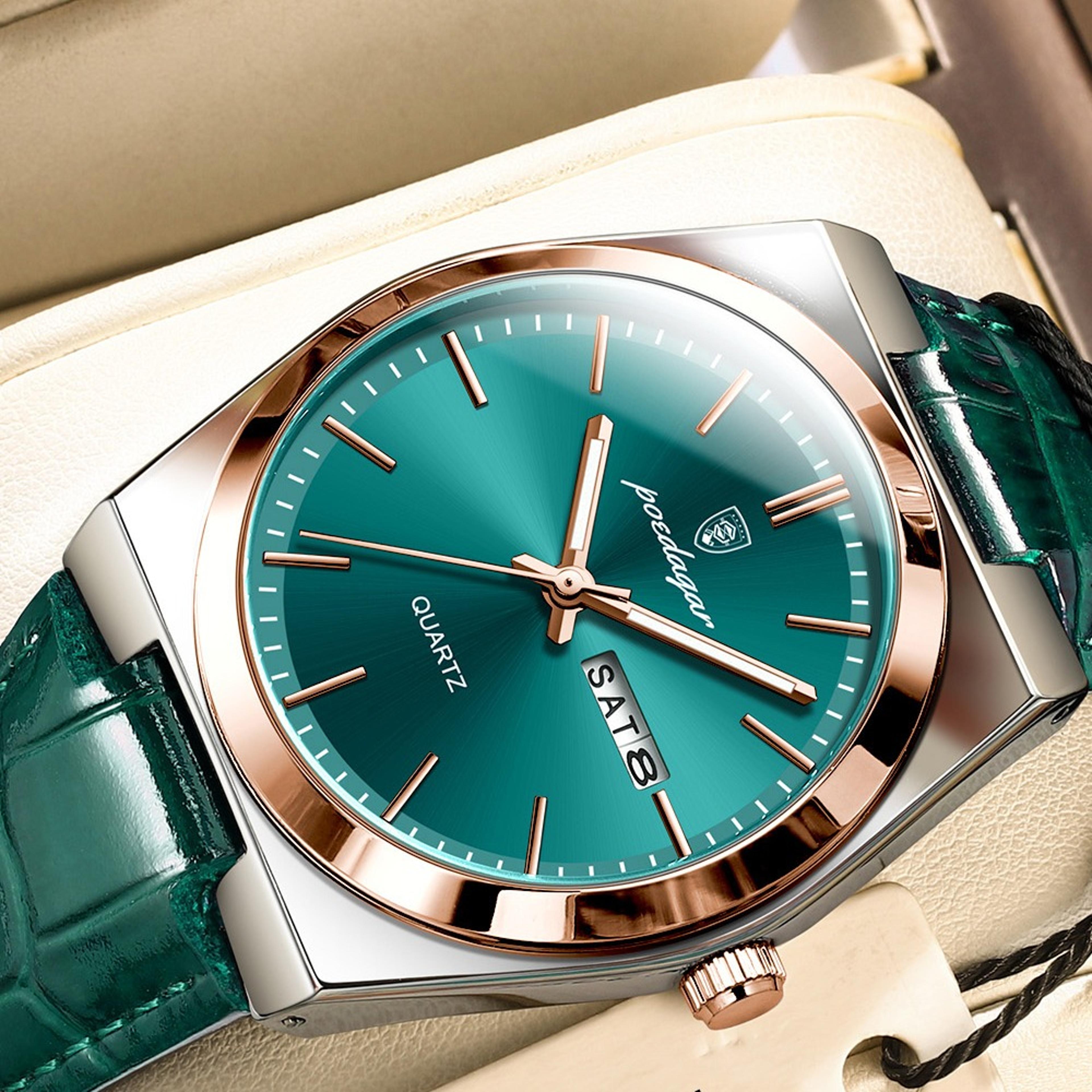 mens quartz watch waterproof luminous date week leather wristwatch