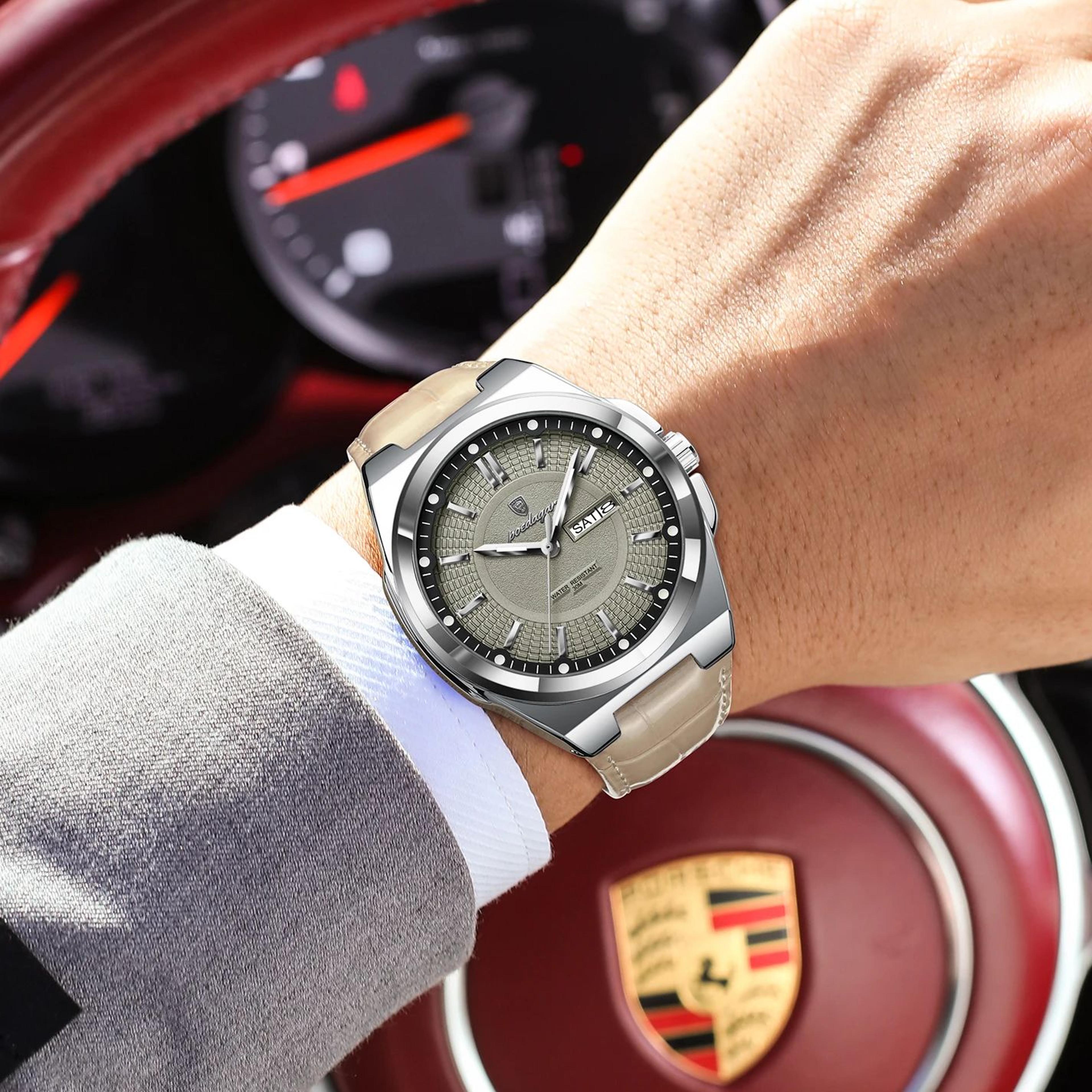 mens leather quartz watch waterproof luminous date week business watch