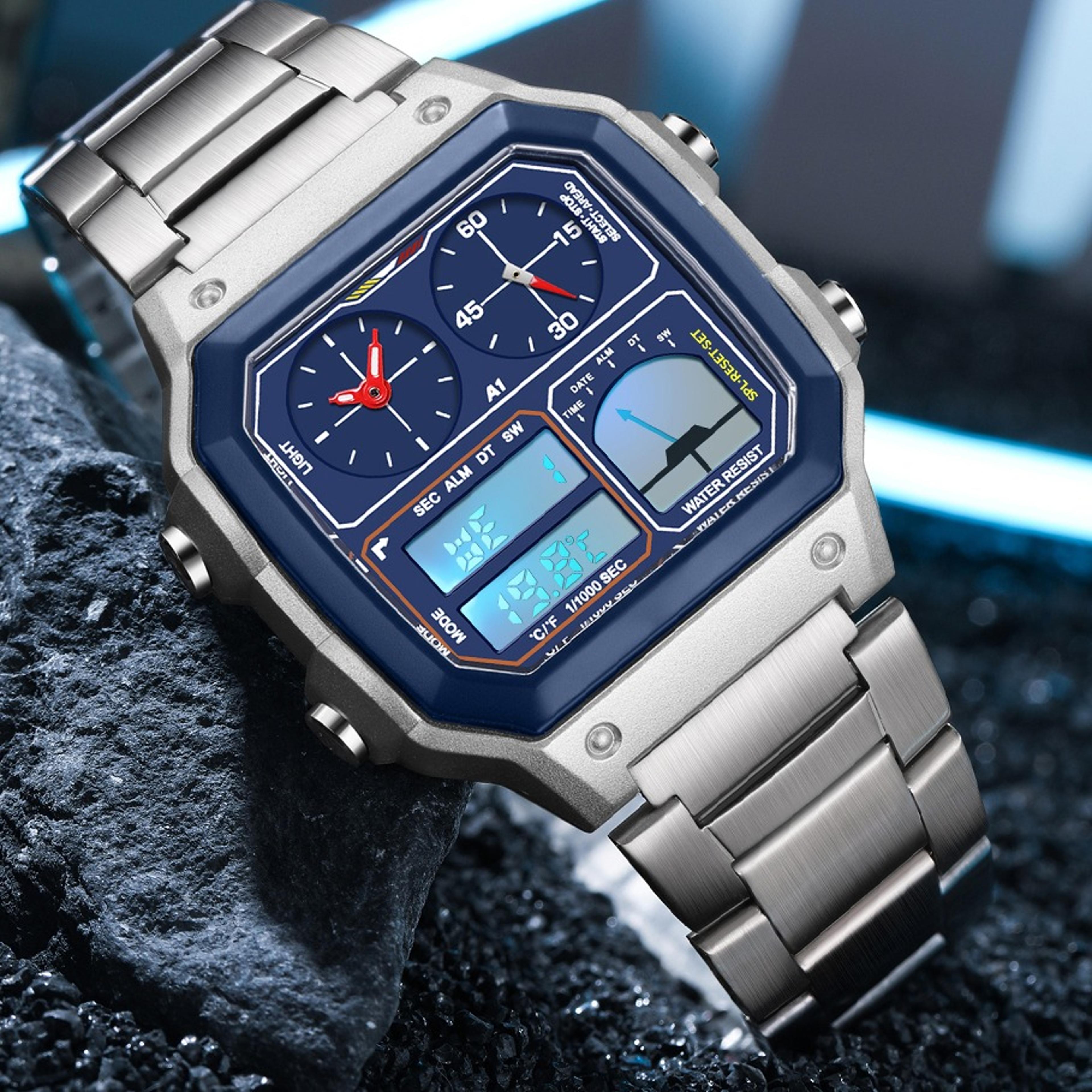 mens analog digital watch 5atm waterproof stainless steel sports watch