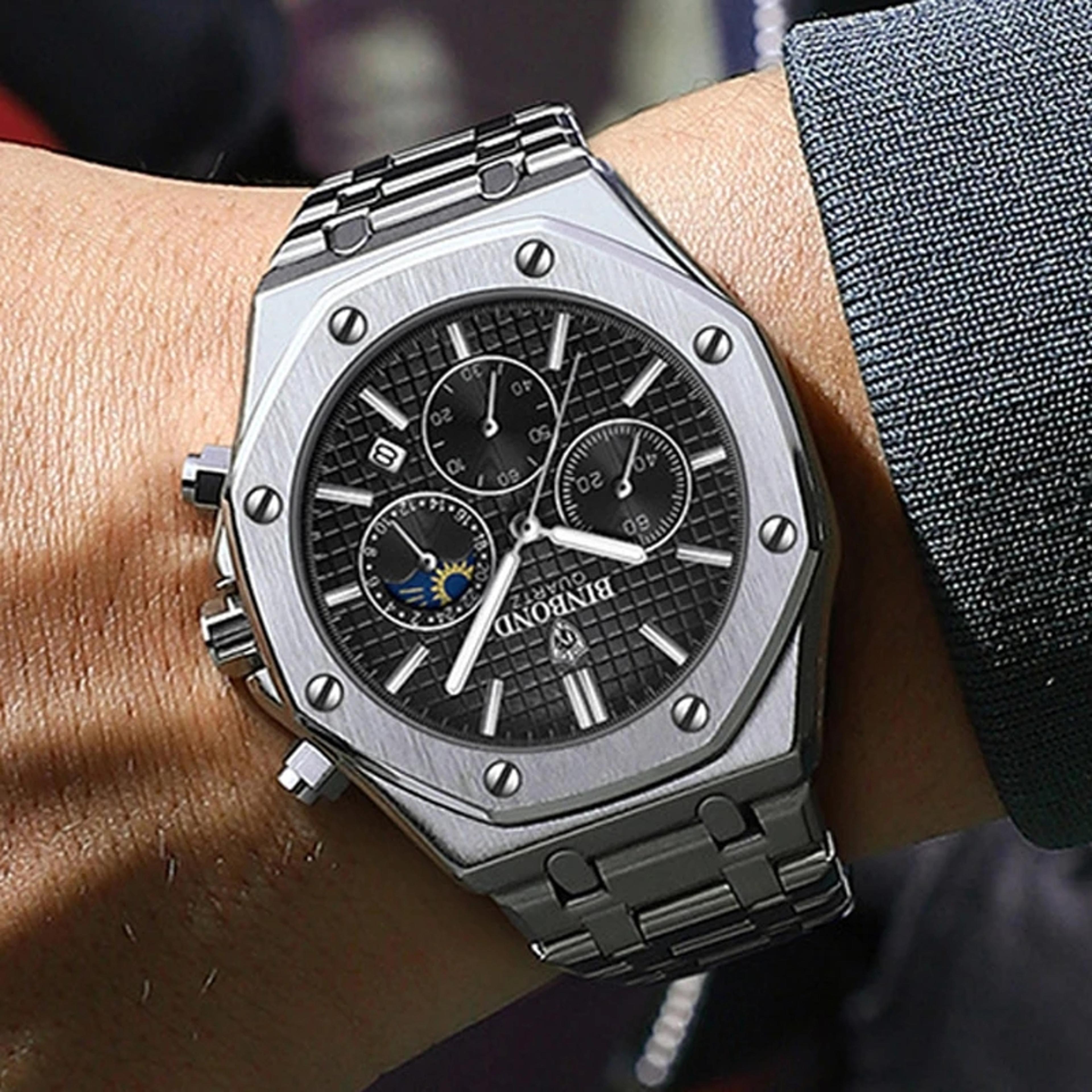mens chronograph watch waterproof luminous quartz stainless steel