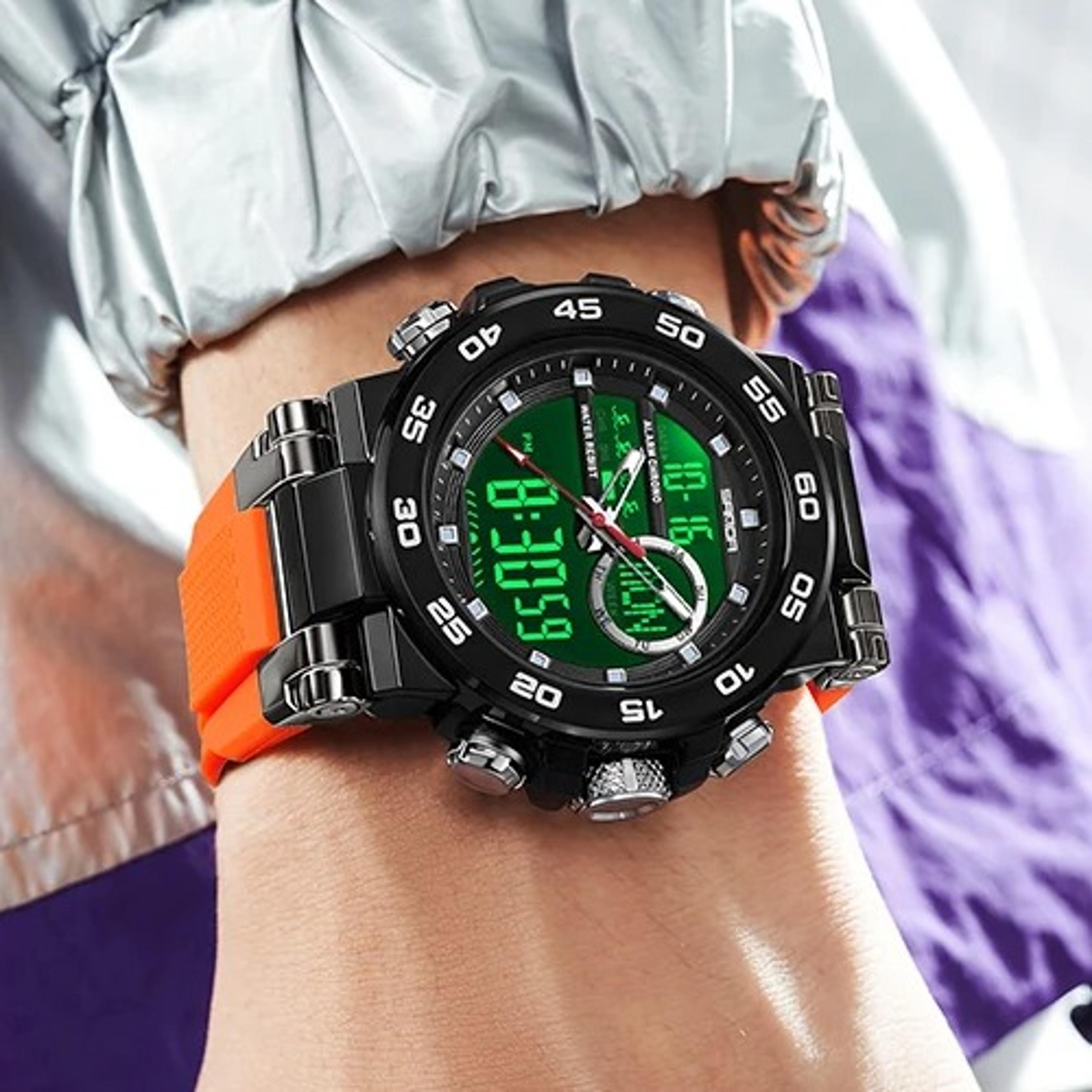 mens waterproof sports watch with dual display and stainless steel band