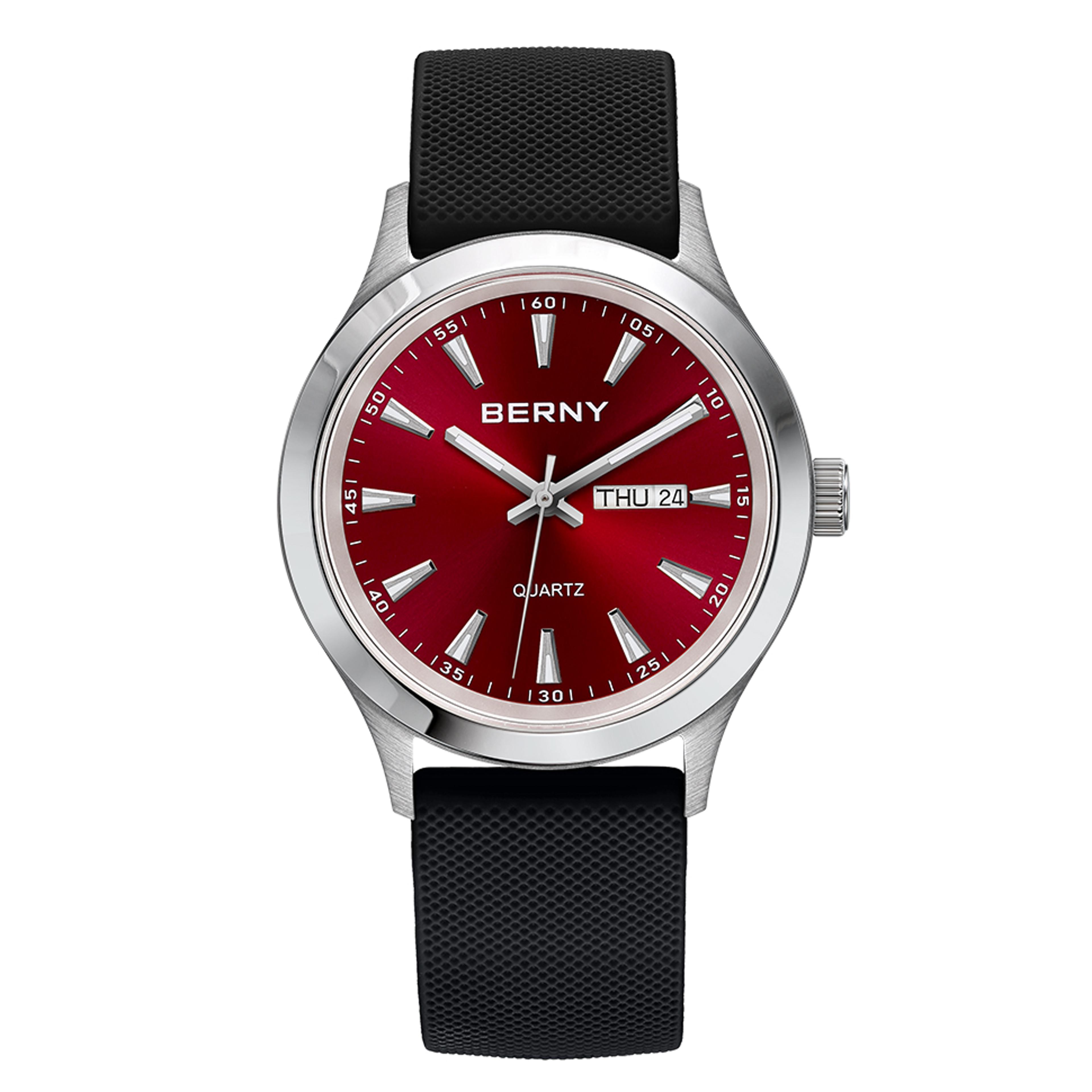 mens quartz watch with luminous day date display and silicone strap