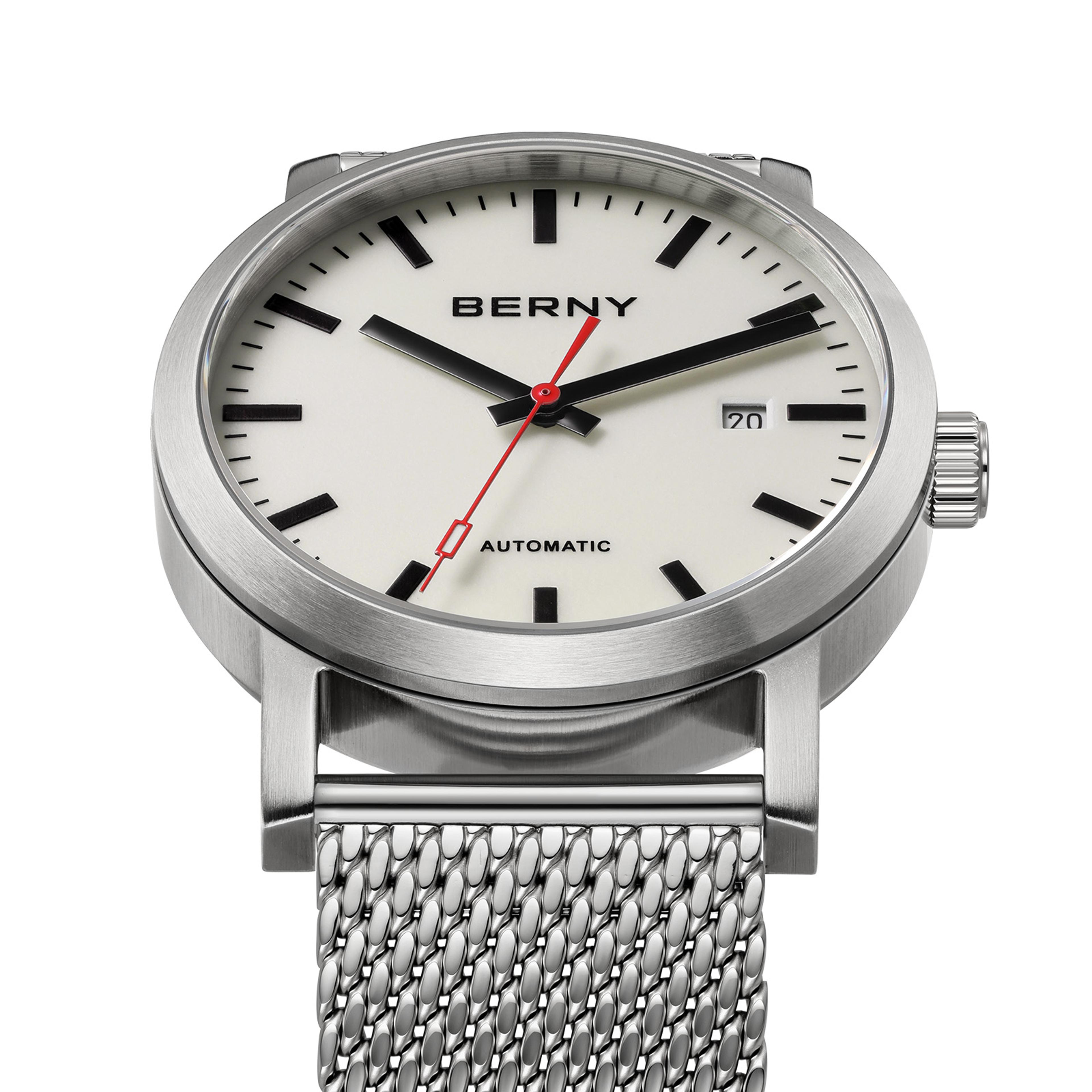 mens automatic watch with sapphire crystal and stainless steel mesh band