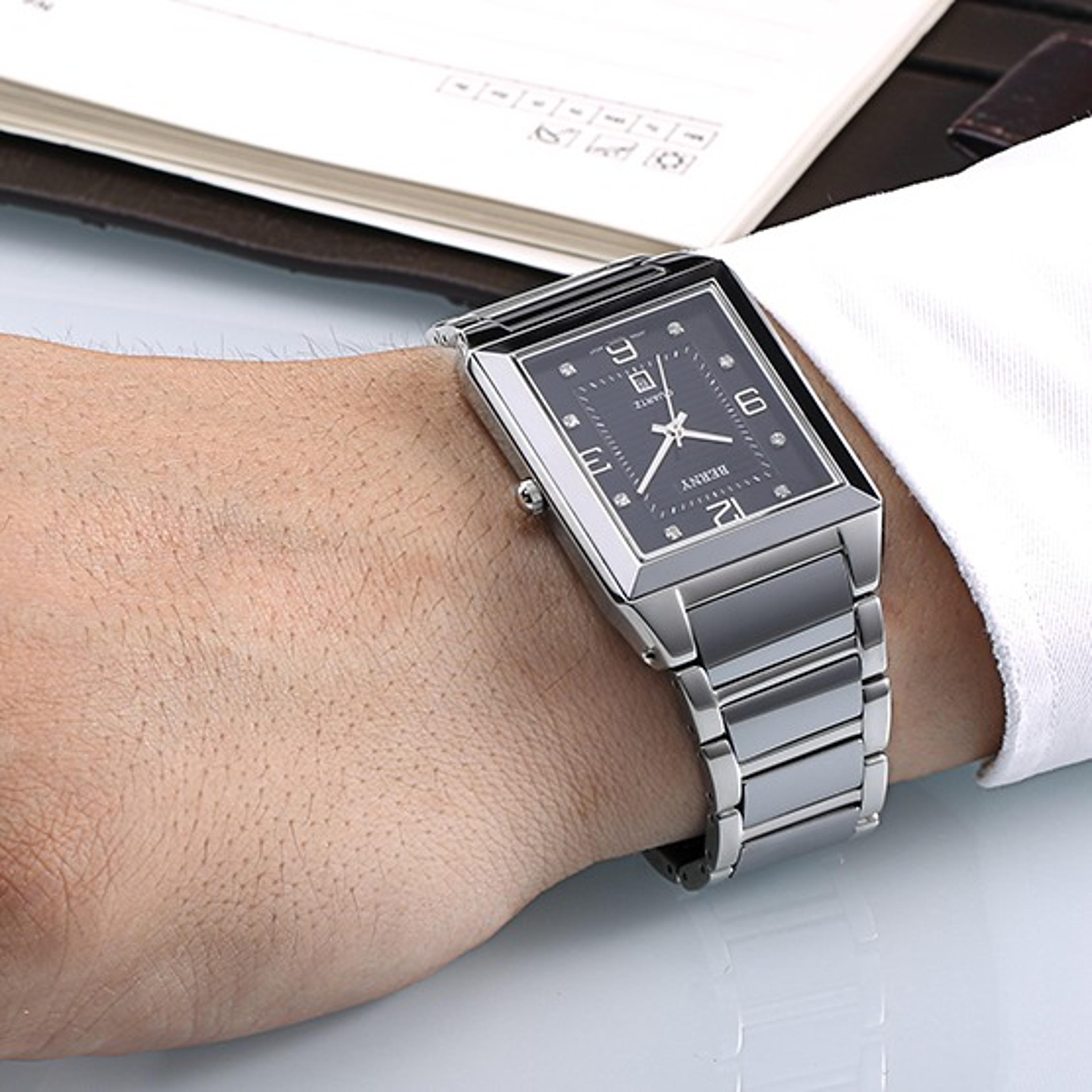 square watch for men stainless steel quartz dress watch with sapphire crystal and calendar